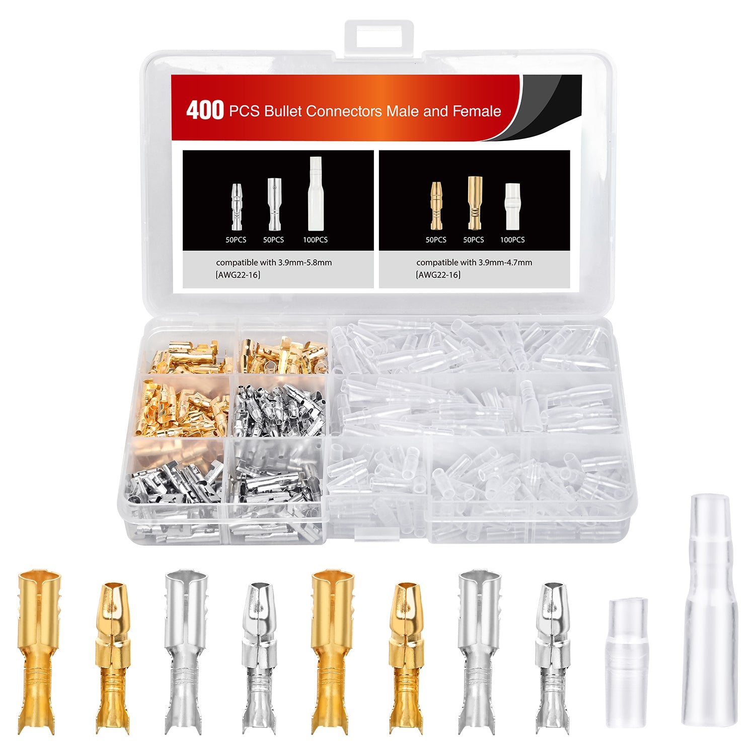 400PCS 3.9mm Bullet Connectors Male and Female Brass Wire Terminals Connector with Insulation Cover for 22-16AWG Electrical Wiring Motorcycle Motorbike Car Truck Boats
