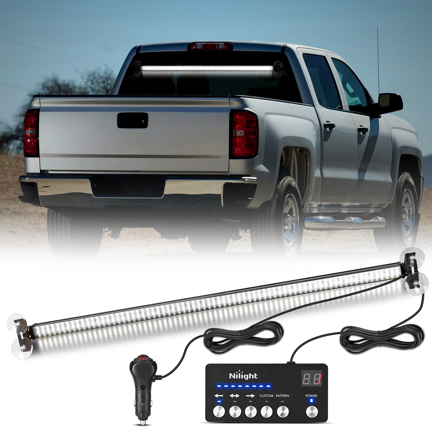144LED Traffic Advisor Strobe Light Bar with Controller White Emergency Warning Lights Hazard Interior Front/Rear Windshield Flashing for Cars Plow Trucks Construction Vehicles