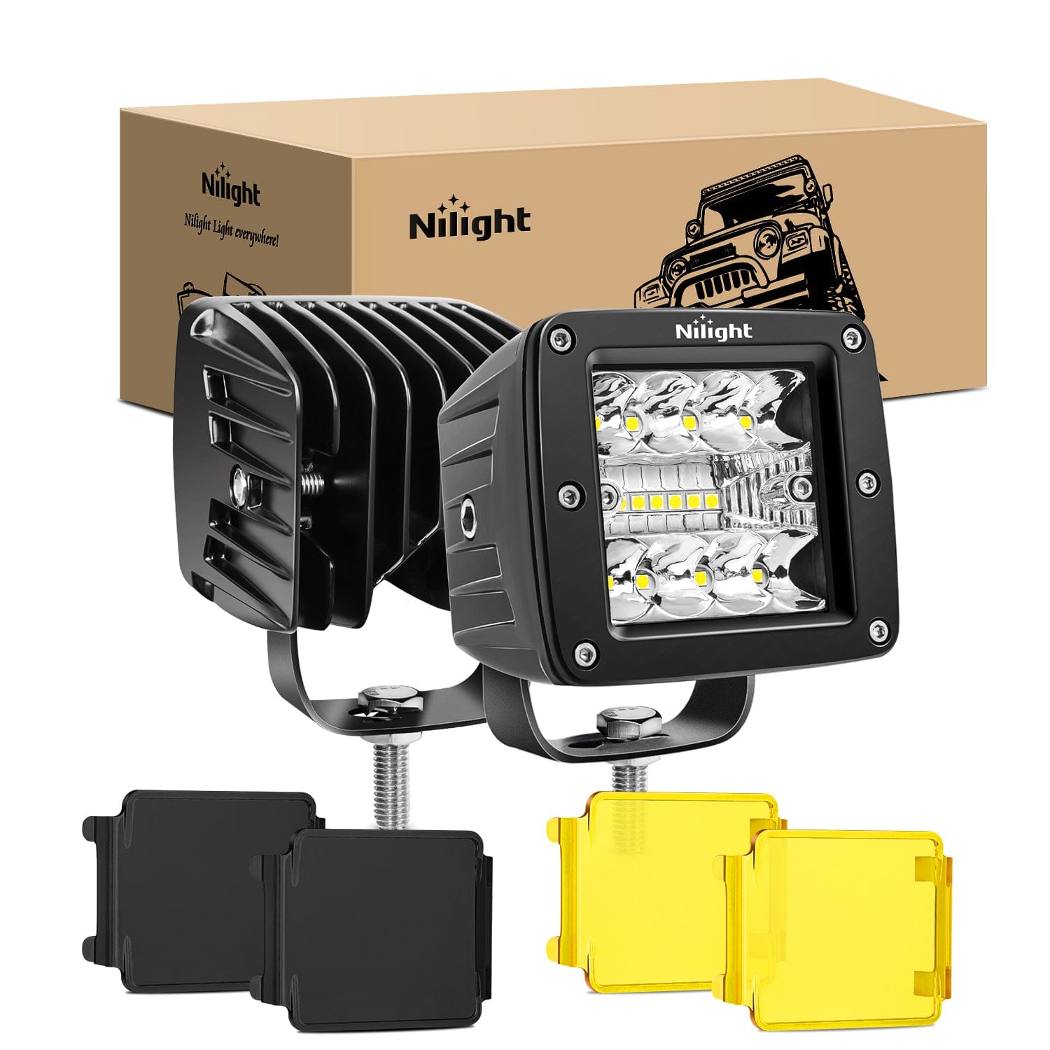 3 Inch 42W Upgraded Triple Row Spot Flood Square LED Podswith Amber/Black Covers (Pair)