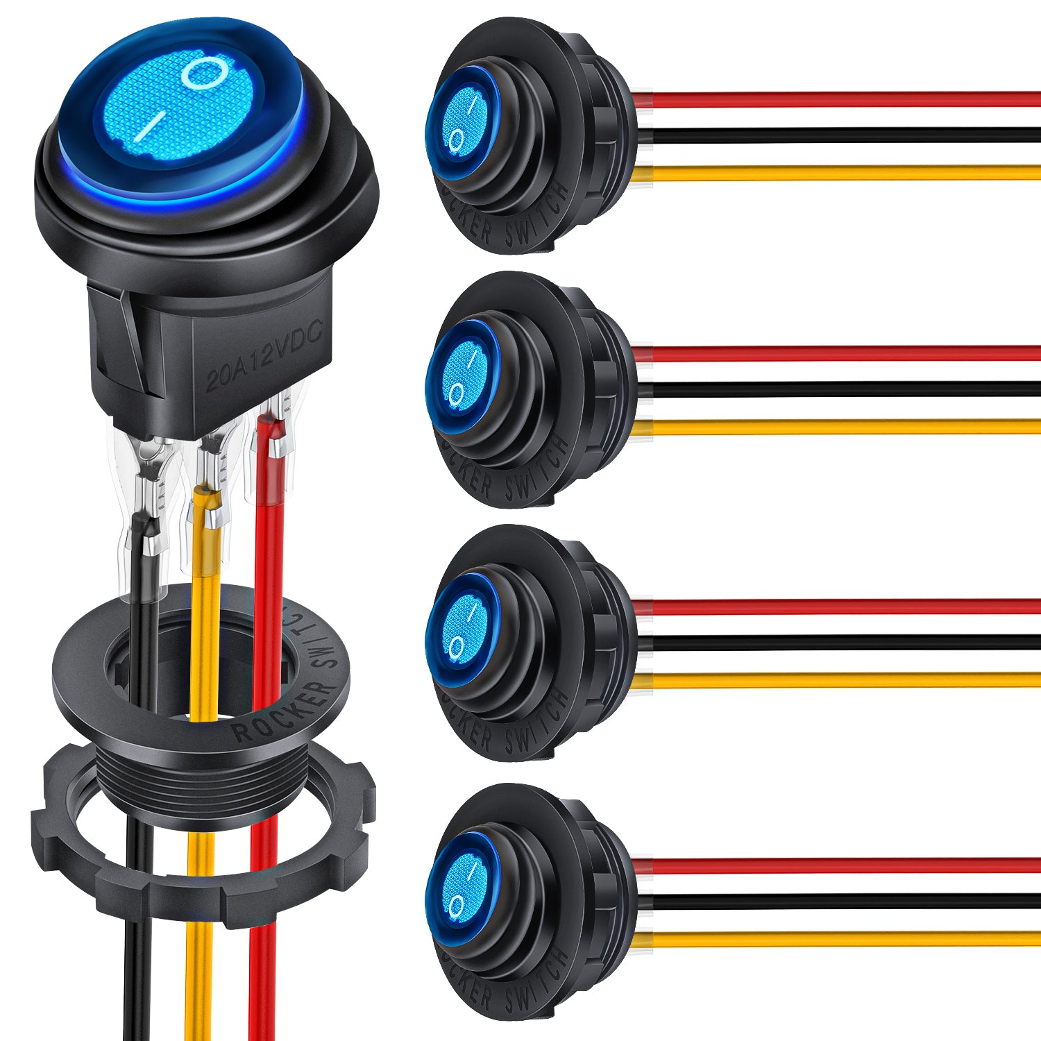 5PCS Waterproof Round Rocker Switch w/Wiring Harness Switches Holder 12V 24V Blue LED Lighted On Off Toggle Shell SPST 3Pin for Switch Panel Car RV Trucks Marine Boats