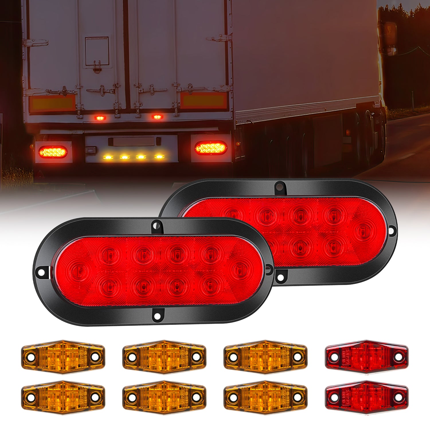 LED Trailer Light Kit 6 Inch Oval Stop Turn Tail Light Red Amber Side Marker Light Waterproof Surface Mount for 12V Utility Trailer Boat Camper RV Trucks Van Caravan