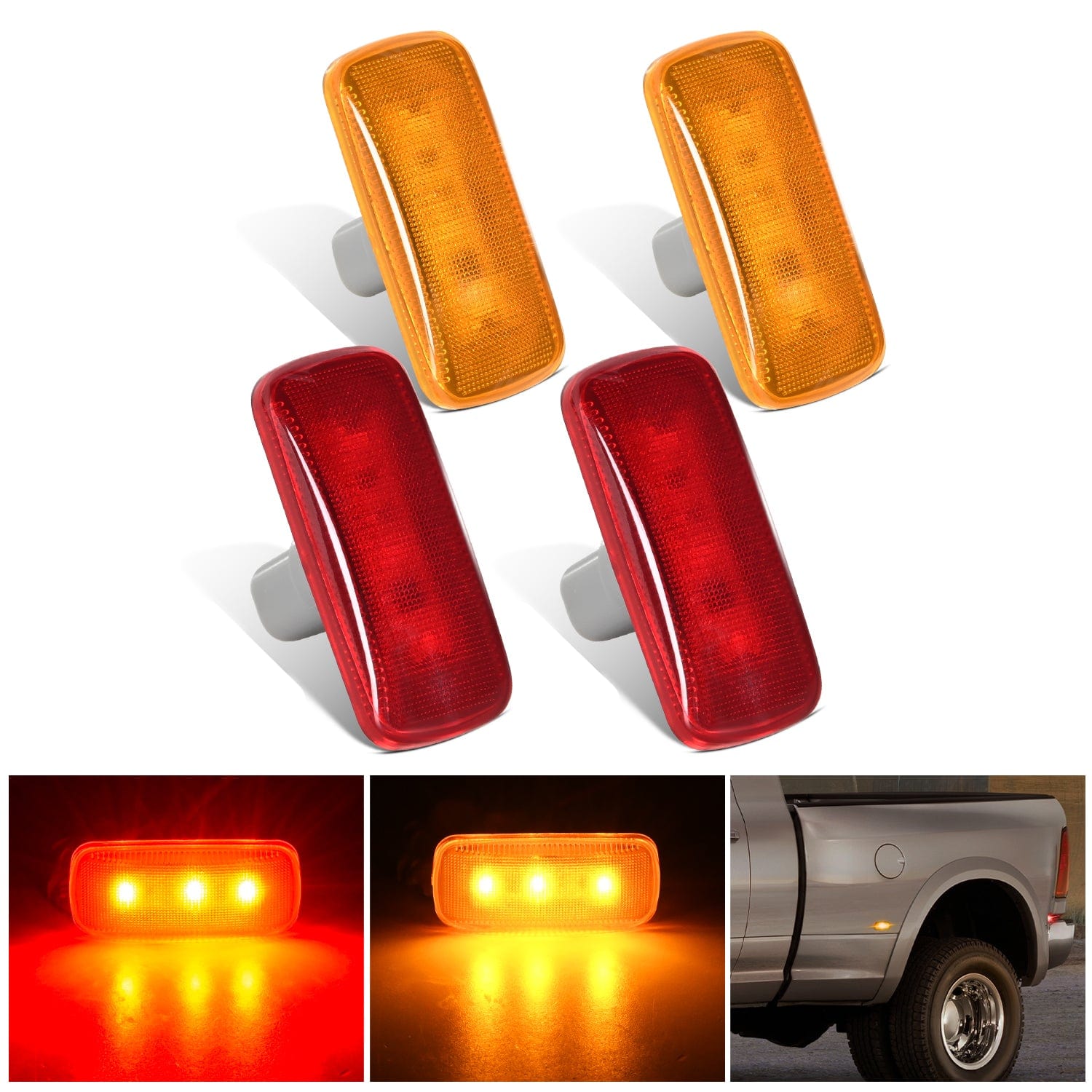 4 PCS 3 LED Red Amber Wheel Fender Side Marker Lights Compatible With 2010-2018 Dodge Ram 2500 3500 Super Duty