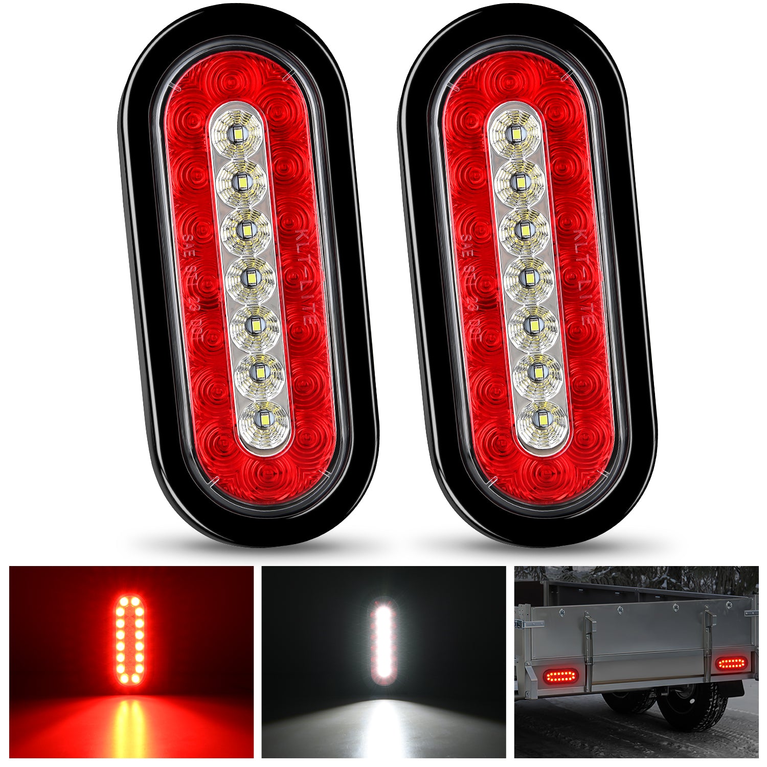 2PCS 6Inch Oval LED Trailer Tail Lights Red White 23LEDs w/Flush Surface Mount Grommets IP67 Waterproof Stop Brake Running Reverse Backup Light for Trucks RV