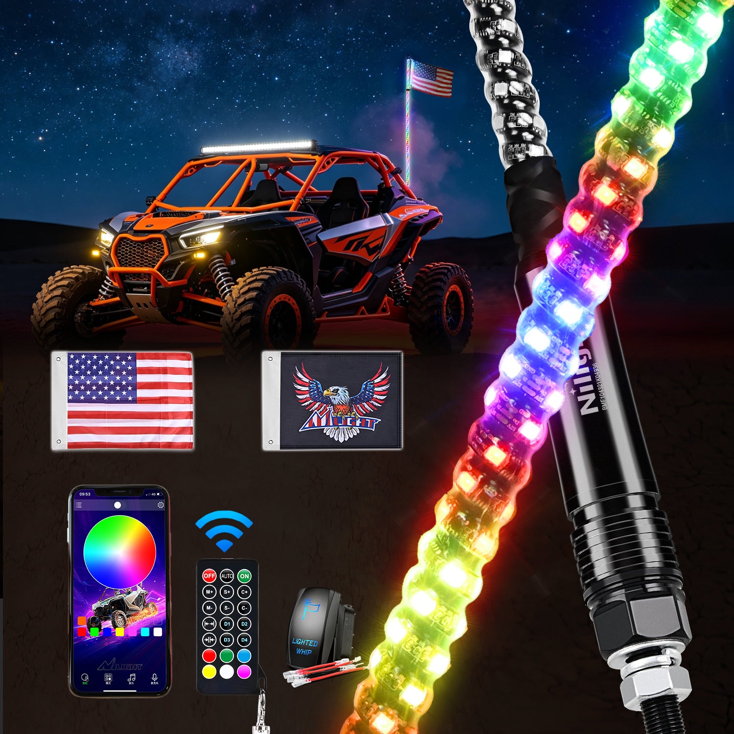 RGB Whip Light 1PC 5FT Lighted Antenna Whips with Remote & App Control DIY Chasing Patterns Brake Reverse Lights for ATV UTV Polaris RZR Can-am Dune Buggy Pickup Trucks Jeep