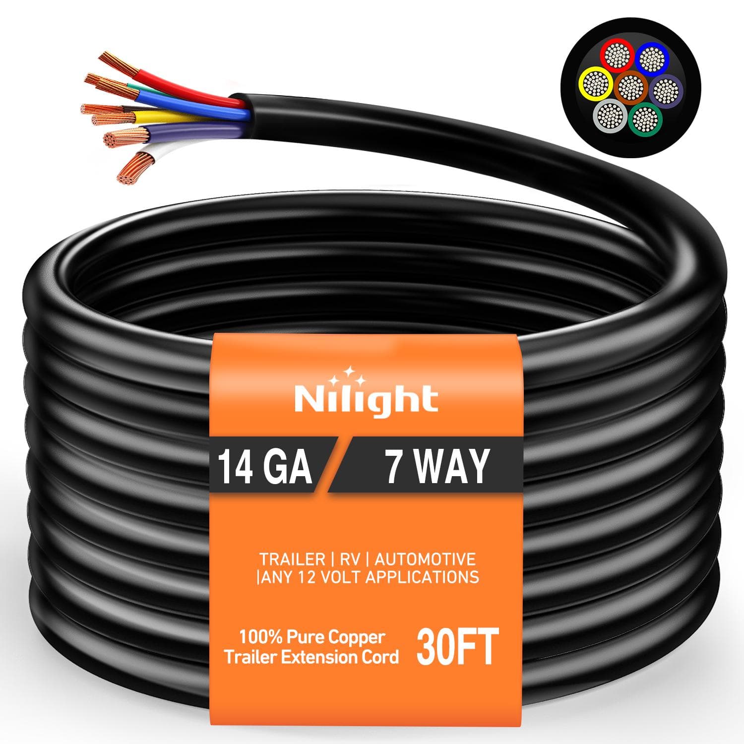 30 Feet 7 Way Trailer Extension Cable Traditional SAE 14 Gauge 7 Conductor 100% Pure Copper Wire Insulated Heavy Duty Cord Weatherproof for 7 Pin Blade RV Automotive
