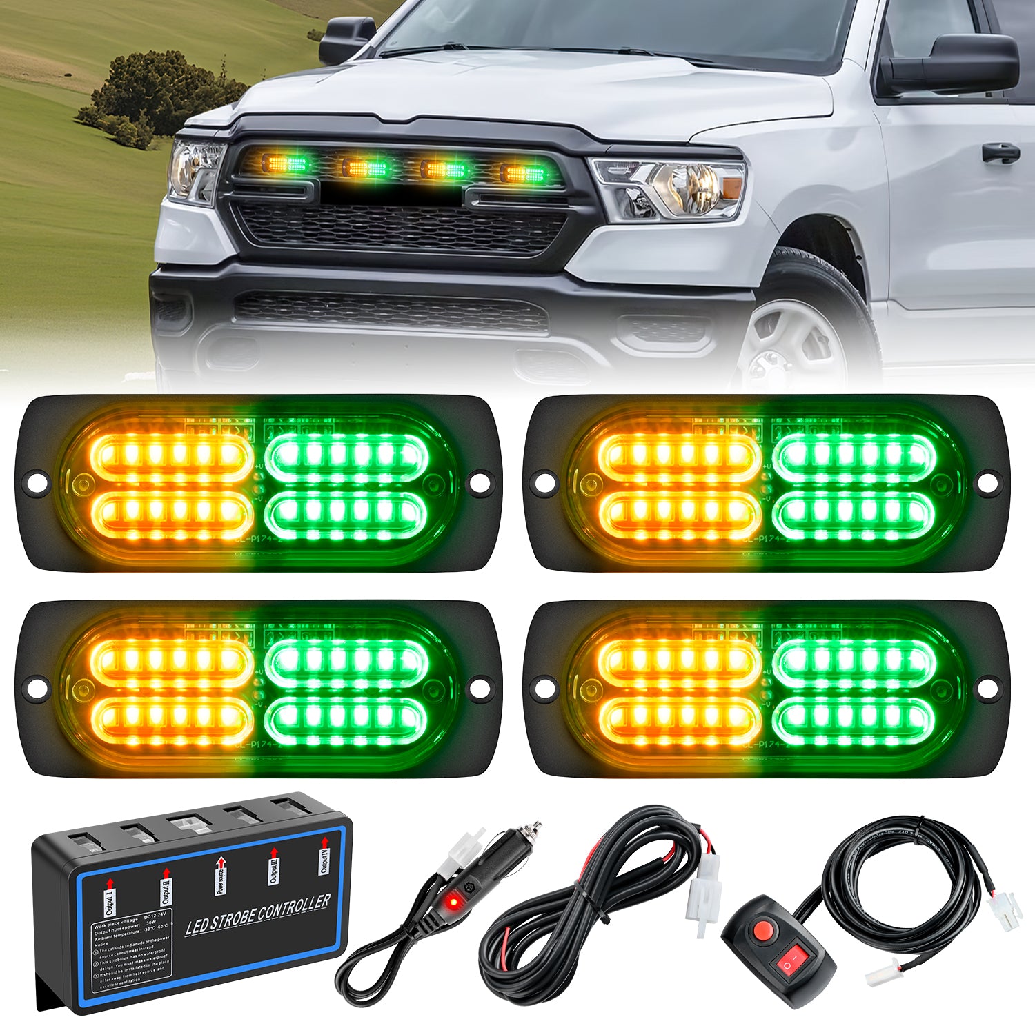4PCS LED Strobe lights 12V 24V Sync Feature Amber Green 24LED Emergency Hazard Warning Lights with Controller Hard Wire or Cigarette Lighter Plug for Car Truck RVs Campers
