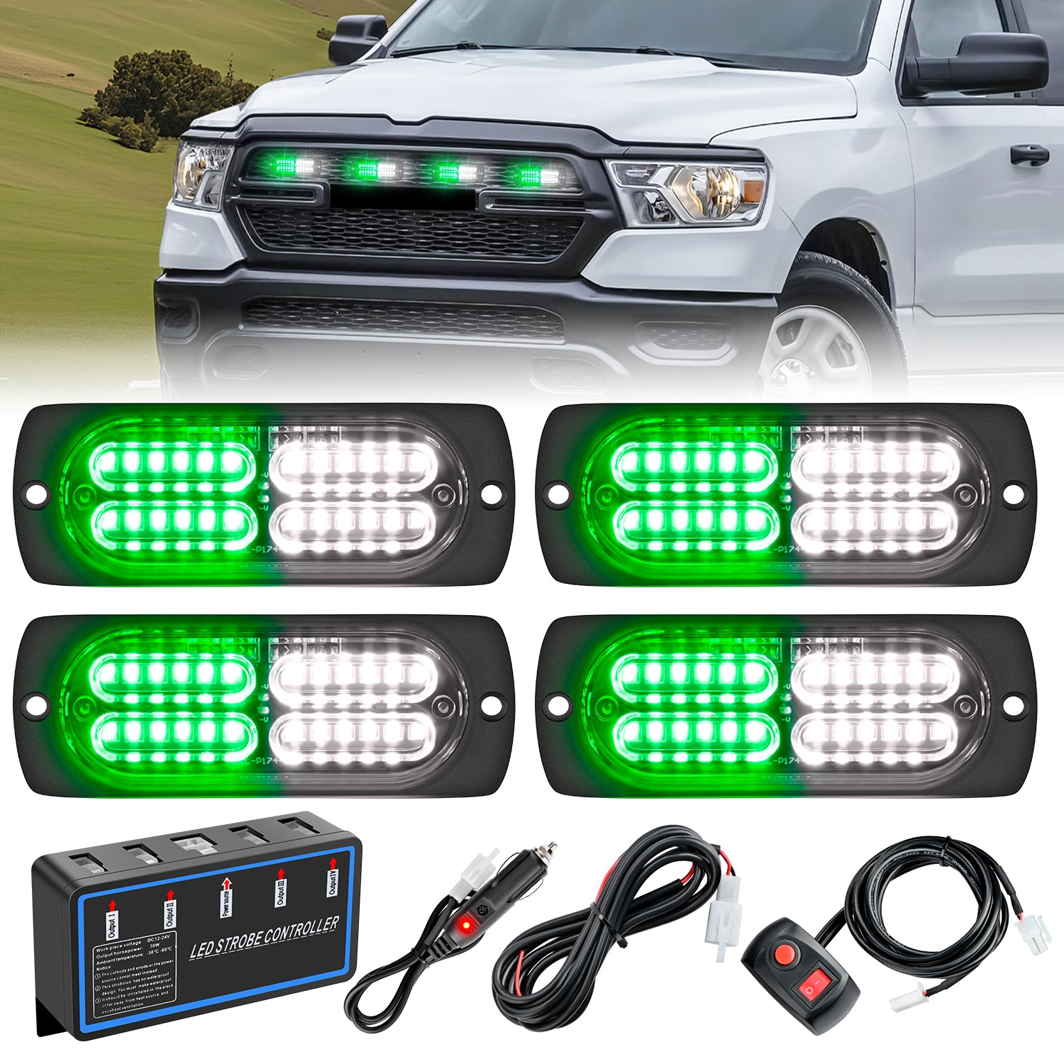 4PCS LED Strobe lights 12V 24V Sync Feature Green White 24LED Emergency Hazard Warning Lights with Controller Hard Wire or Cigarette Lighter Plug for Car Truck RVs Campers