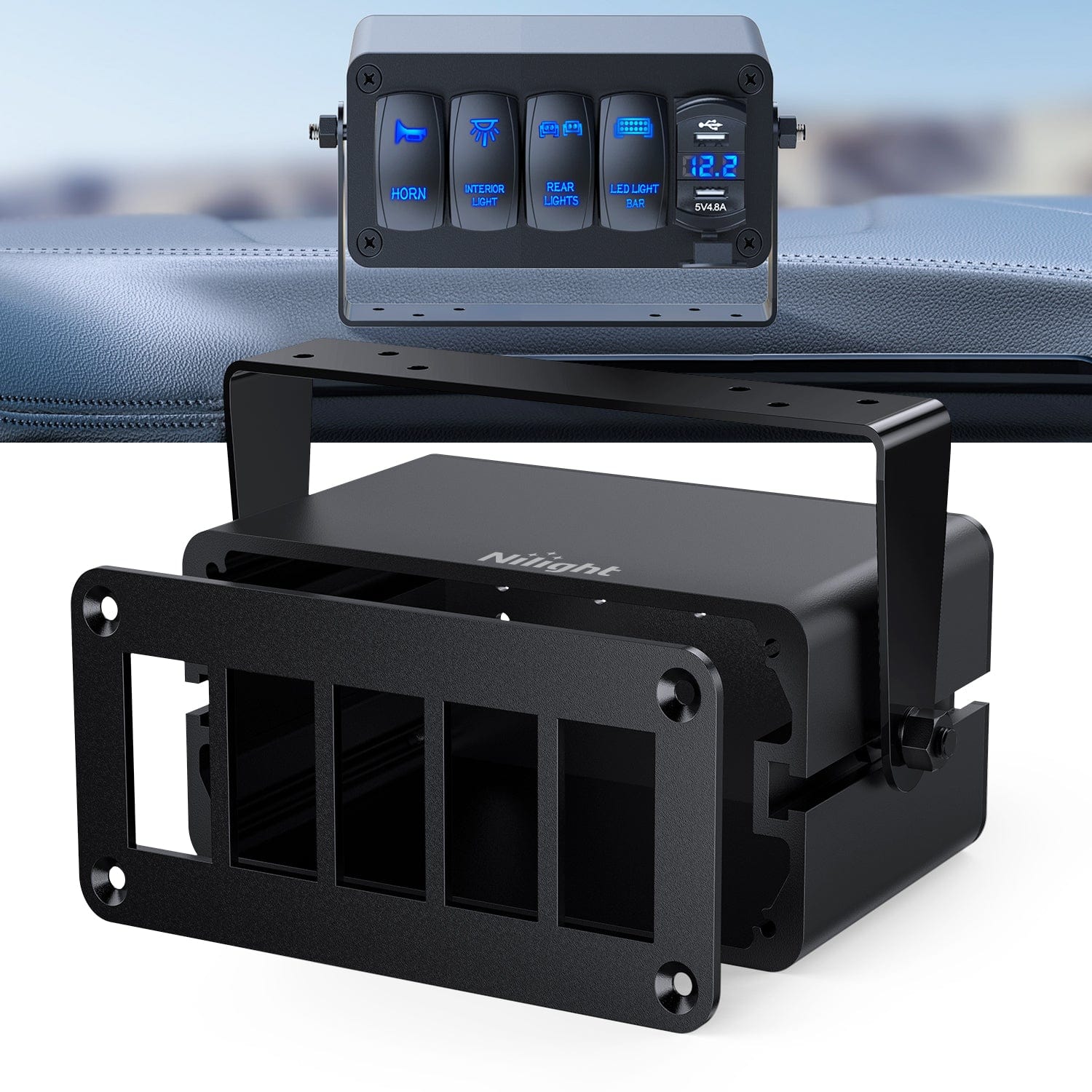 5 Gang Rocker Switch Box 5 Holes Panel Detachable Installation Housing Waterproof Aluminum Rotatable Mount Bracket 12V 24V DIY Toggle Switches Voltmeter USB Socket for Boats Cars RVs Trucks