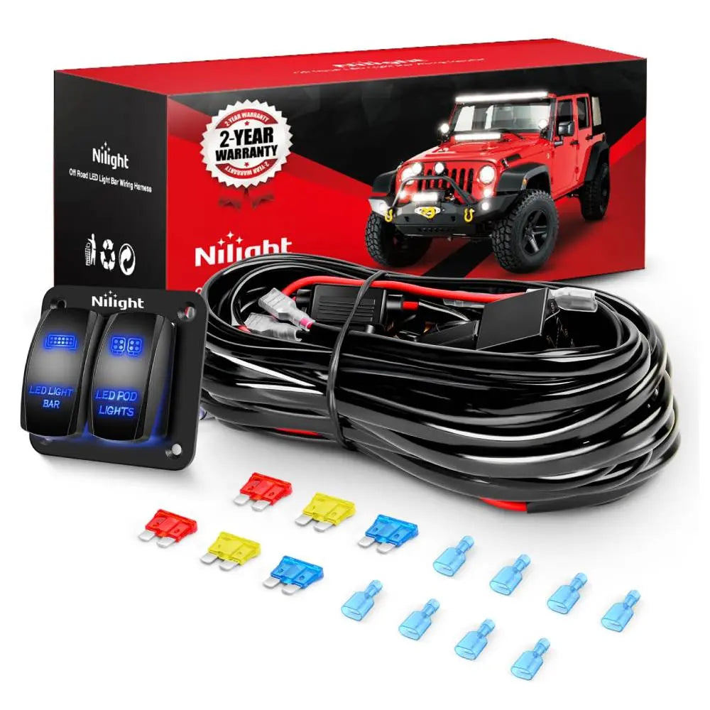 16AWG Wire Harness LED Light BAR and LED POD Lights 4 Leads W/ 12V 5Pin Switch | 6 Fuses | 8 Spade Connectors