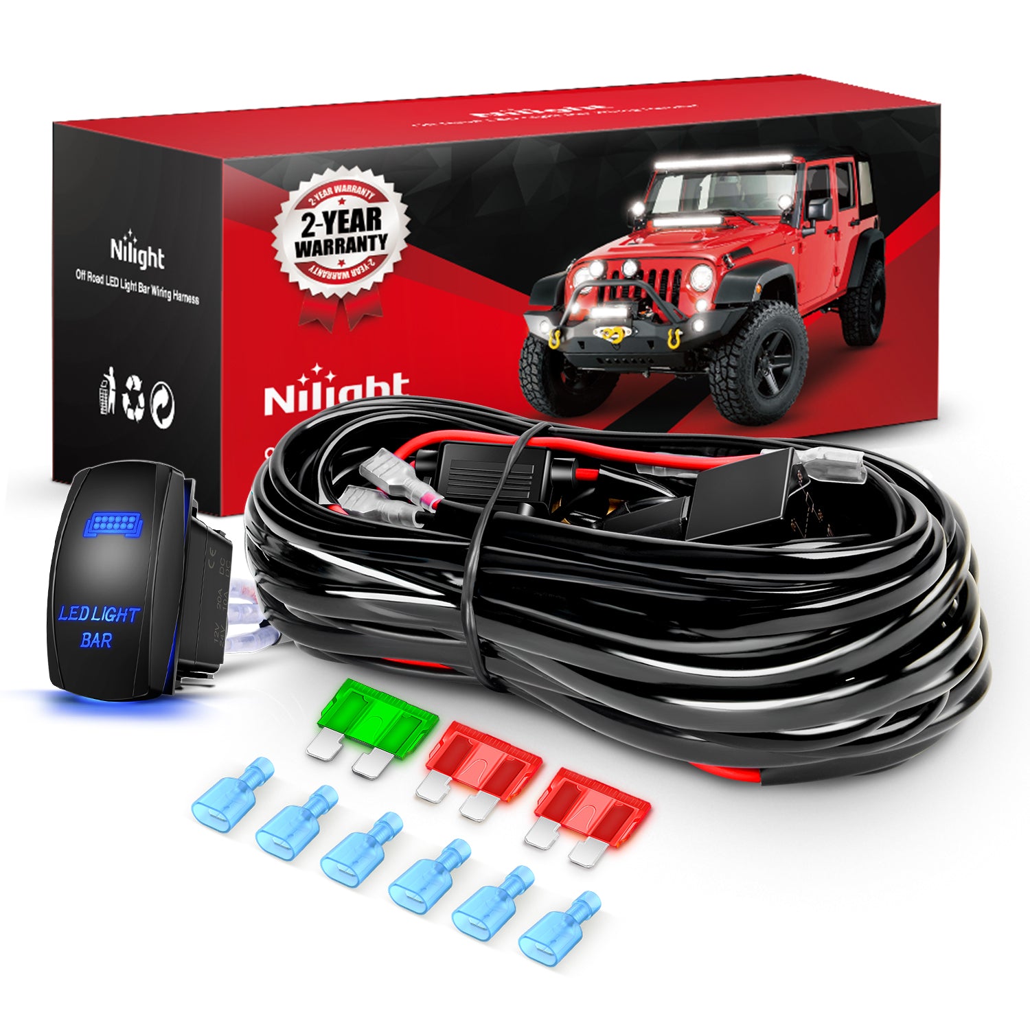 12AWG LED Light Bar Wiring Harness Kit 12V On Off 5Pin Rocker Switch Laser Waterproof Toggle Power Relay Blade Fuse for Cars Boat ATV Trucks - 3 Leads Blue