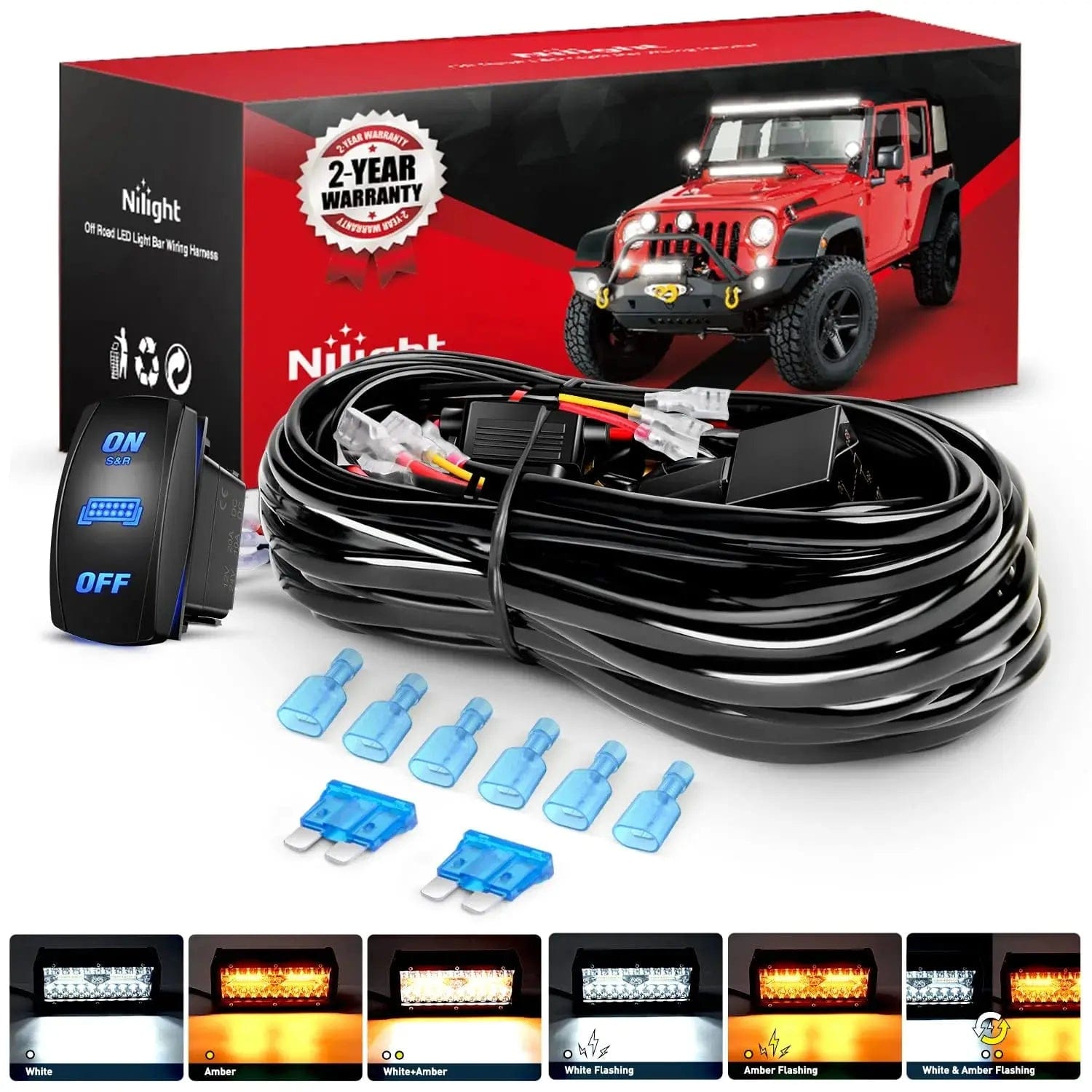 16AWG Amber White Light Bar Wire Harness Kit 2 Leads W/ 12V 8Pin Switch | 2 Fuses | 6 Spade Connectors