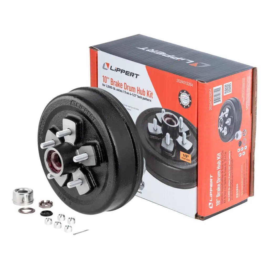 Lippert 10 Inch Brake Drum Hub Kit, Installed Bearings, 5 on 4.5 Inch, 1/2 Inch Stud, 3,500-lb. Axle - 2024013264