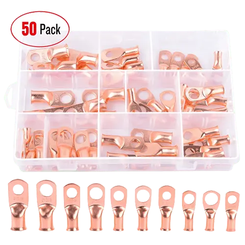 50 Pcs Heavy Duty Copper Wire Lugs 10 types Battery Cable Closed Ends Bare Copper Eyelets Tubular Ring Battery Terminal Connectors Assortment Kit, 2 Years Warranty