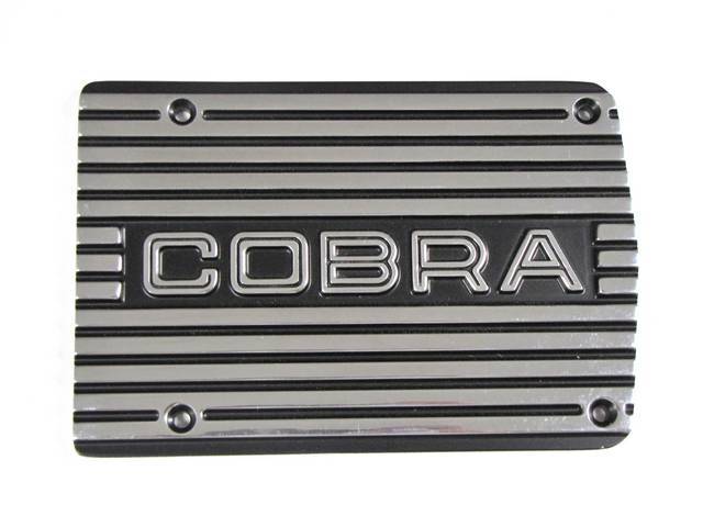 Custom Finned A/C Compressor Cover Plate, Cobra Open Letters, Black with Polished Fins