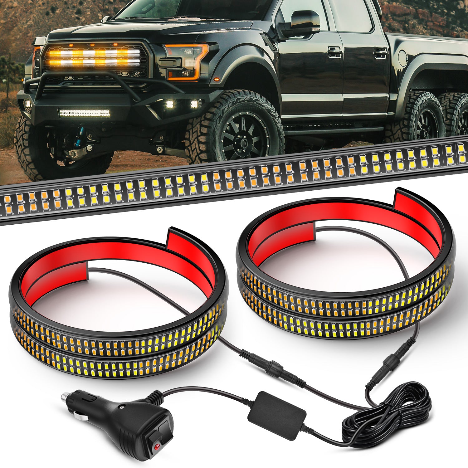 2PCS 24 inch Truck Grill Strobe Lights Strip 384 LED Emergency Light Amber White Flexible Side Flashing Warning Caution Safety Waterproof Lighting Kit for Trucks Tow Plow Construction Vehicles