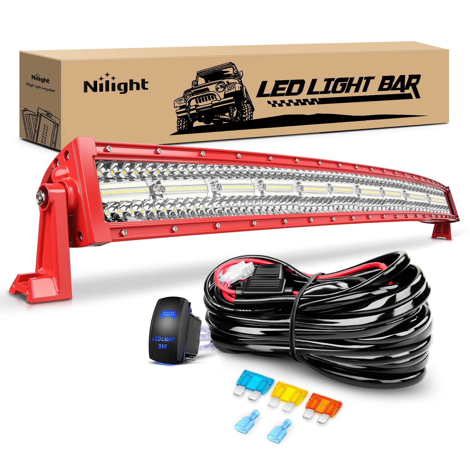 42 Inch Triple Row Red Shell Spot Flood Curved Led Light Bar | 14AWG Wire 5Pin Switch