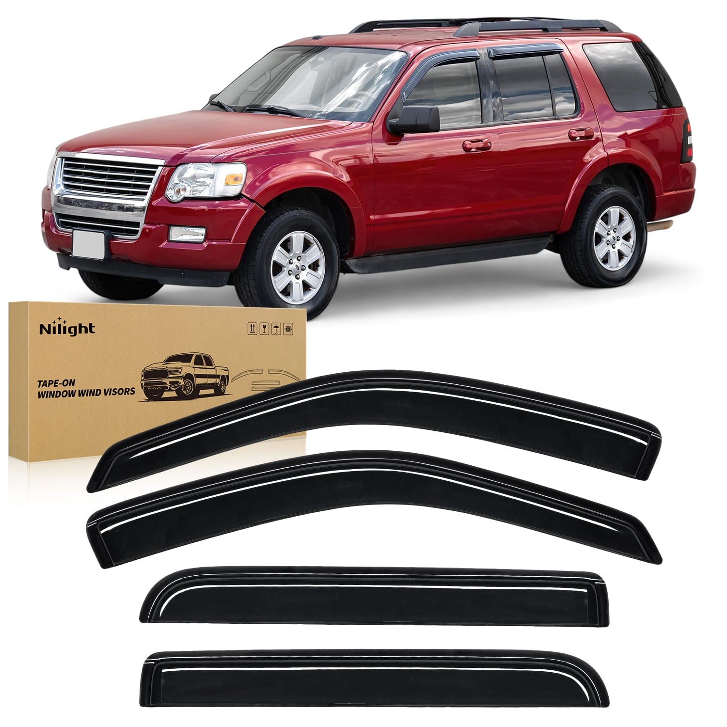Tape-On Rain Guards for Ford Explorer 2002 2003 2004 2005 2006 2007 2008 2009 2010, Window Visors Vent Wind Deflectors-4PCS