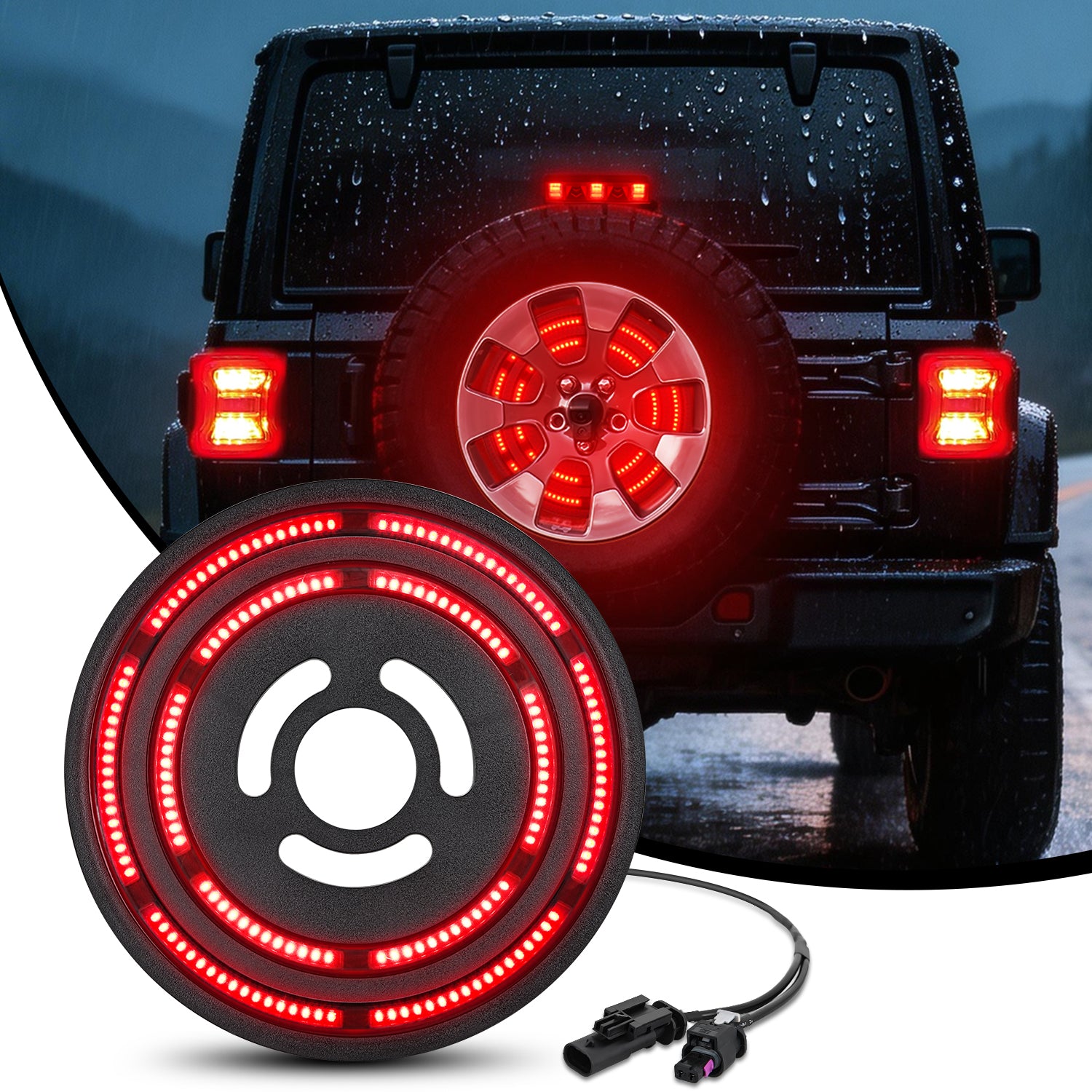 Spare Tire Brake Light Red Double Row LED Ring 3rd Third Stop Rear Wheel Lights Plug and Play Fit for 2018 2019 2020 2021 2022 2023 2024 2025 2026 Jeep Wrangler JL