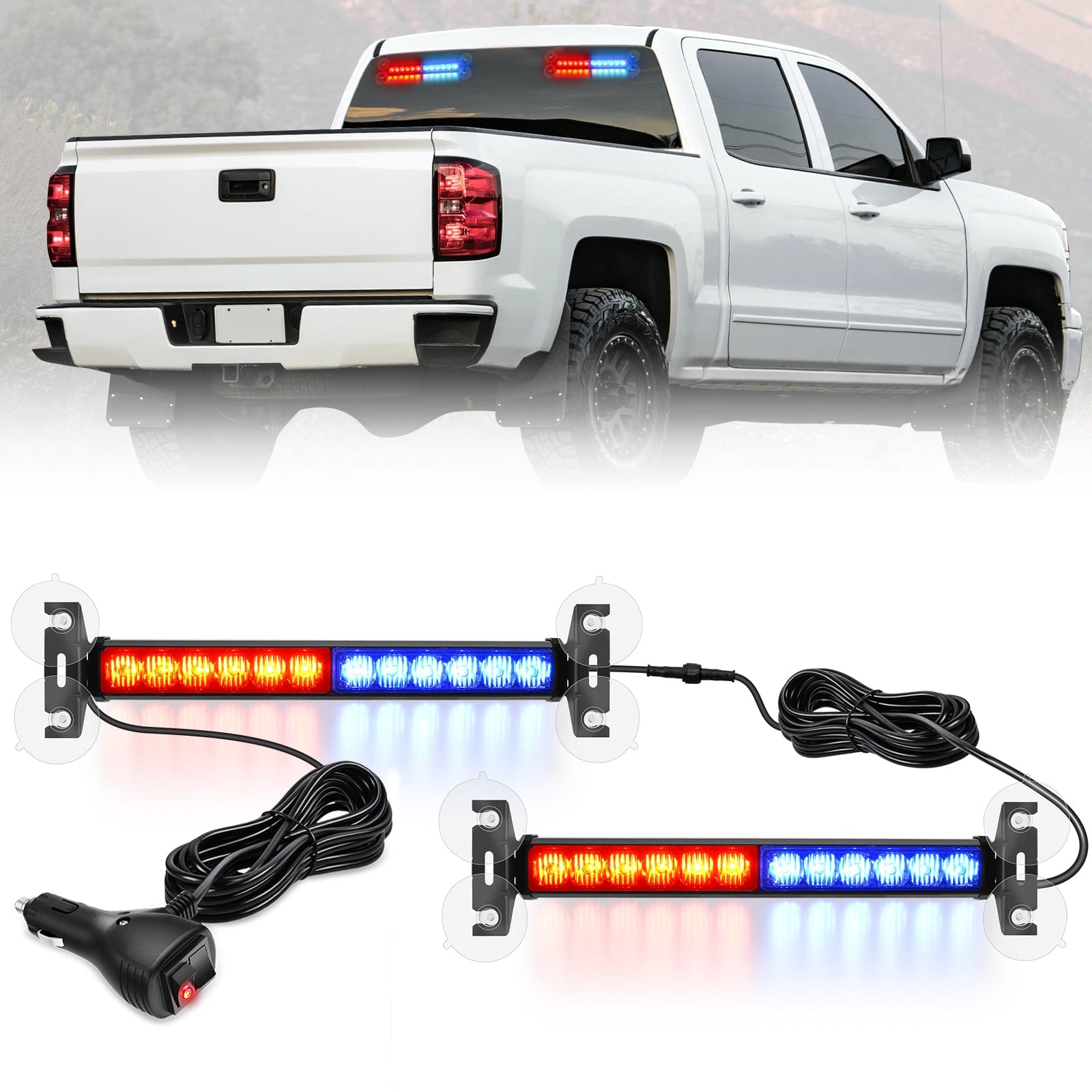 24LED Emergency Strobe Traffic Advisor Light Bar 2 in 1 Red Blue Dash Warning Safety Flashing Lights Front/Rear Windshield Construction Lights for Trucks Cars Plow Police Firefighter Vehicles