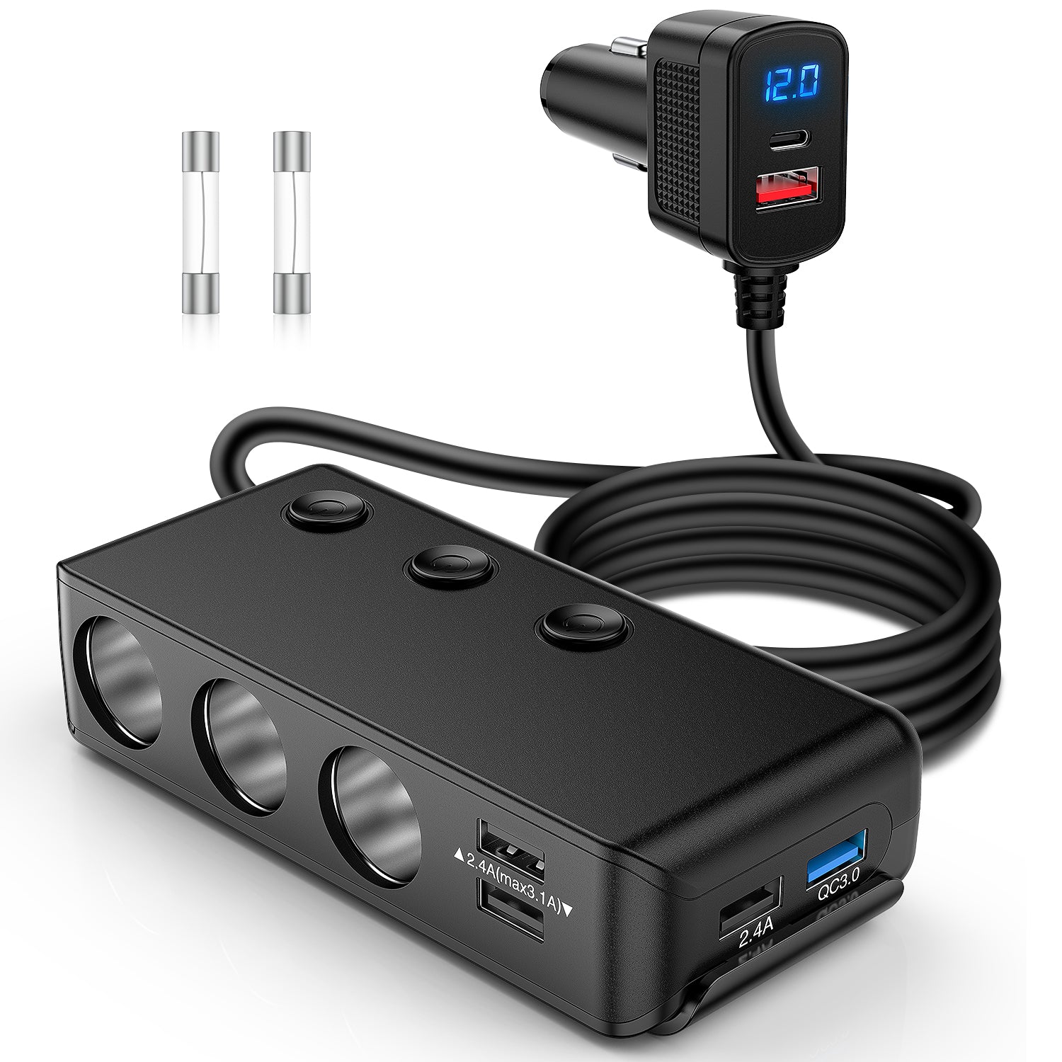 9 in 1 Cigarette Lighter Adapter Splitter QC 3.0 3 Sockets 4 USB Ports Power Splitter with PD/QC 3.0 Independent Switches LED Voltage Display for 12V/24V Cars Van Truck Camper