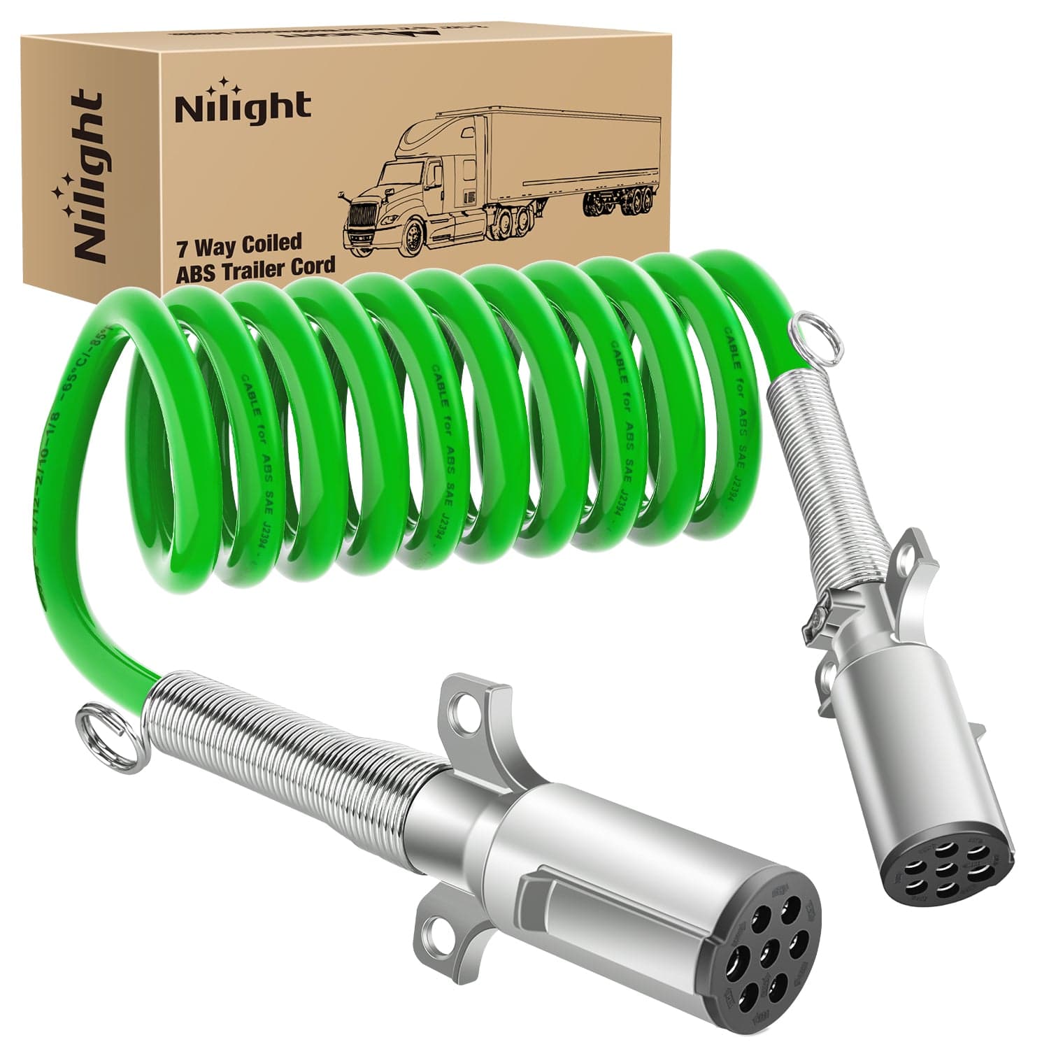 12FT 7 Way Coiled ABS Cord Heavey Duty Zinc Die Cast Plug Green Electrical Power Breakaway Cable 7 Pin Flexible Trailer Wire for Semi Truck Tractor transmitting Signals