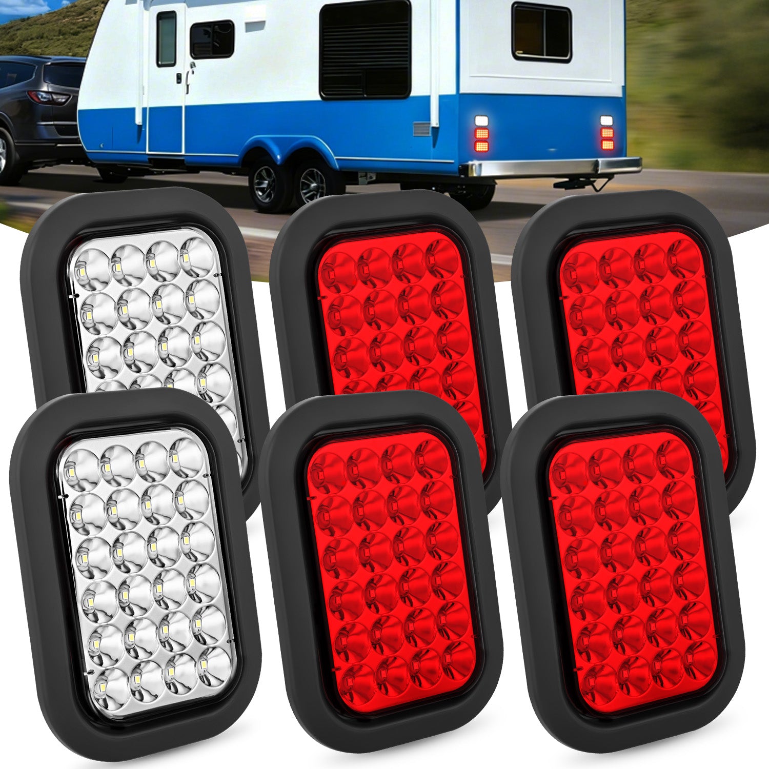 6 Pcs 5 X 3 Inch 24 Led Red & White Rectangular Trailer Tail Light