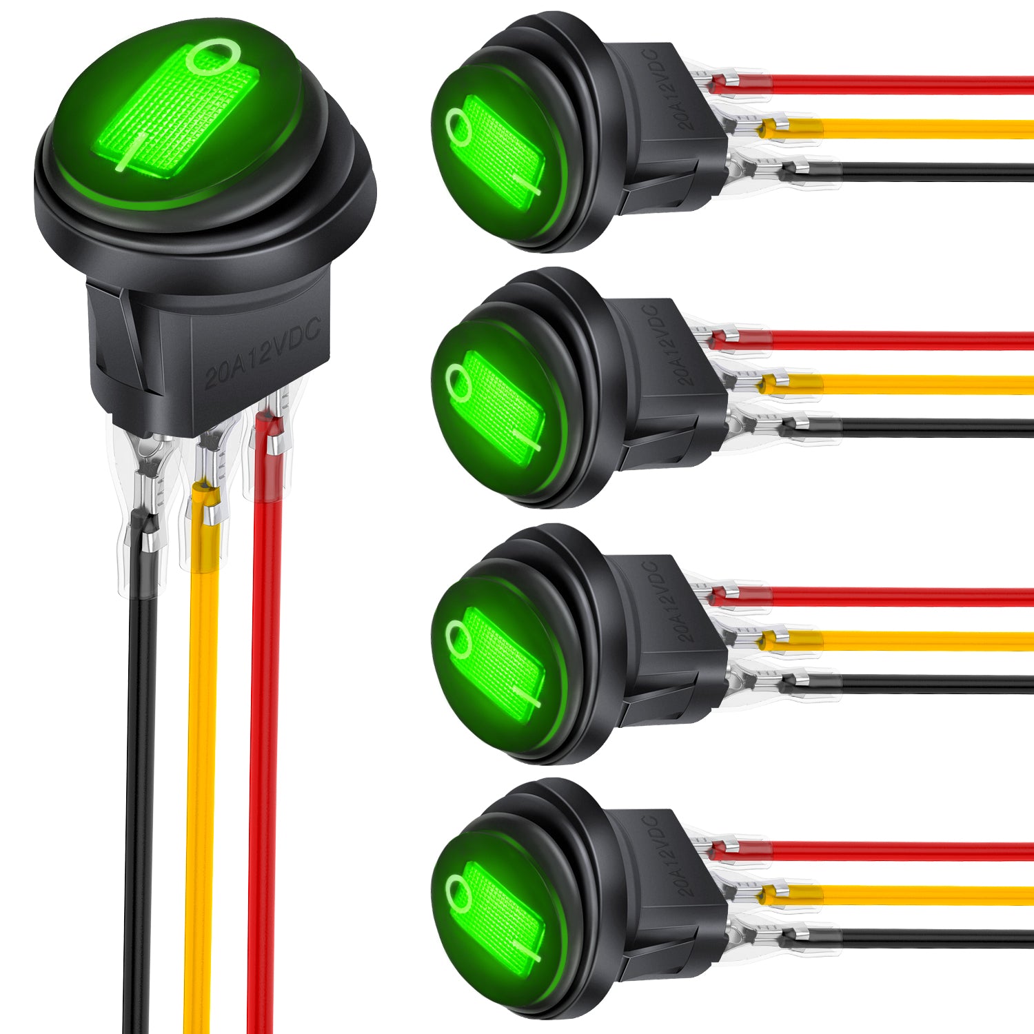 5Pcs Waterproof Round Rocker Toggle Green LED Switch 12V 20A 3 Pin ON Off SPST for Car Truck Boat Marine Automotive RV with Locked Terminal Wires