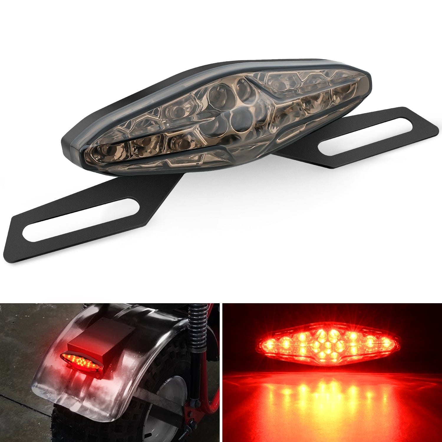 Motorcycle Tail Lights LED Brake Running Light with License Plate Bracket Dirt Bike Rear Lighting Compatible with Honda Yamaha Kawasaki Suzuki Chopper Turing Cruiser, Red