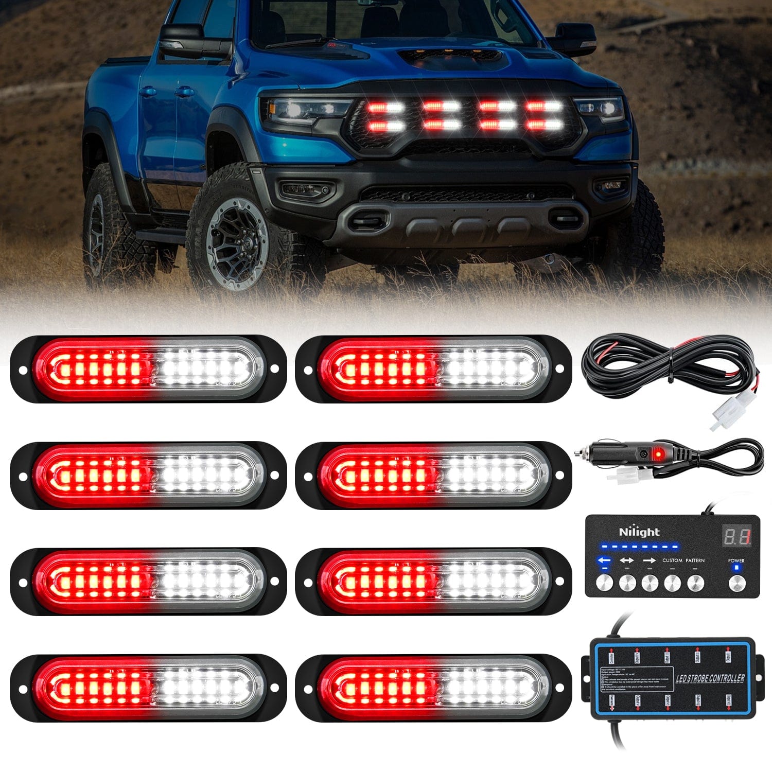 8PCS Led Strobe Lights with Controller 12V 24V Sync Feature Red White Strobe Light 12 LED Surface Mount Emergency Hazard Warning Lights with Strobe Controller for Vehicle Car Truck RV ATV