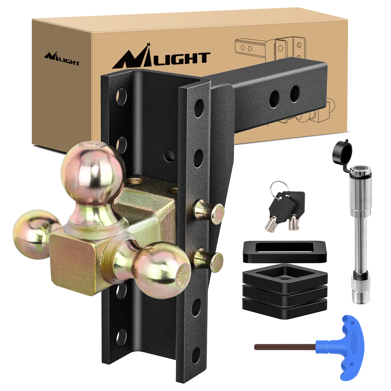 Adjustable Tri-Ball Trailer Hitch Mount 8 Inch Drop/Rise Hitch 1-7/8Inch 2Inch 2-5/16Inch Fits 2-Inch Receiver 15000lbs GTW for Heavy Duty Truck with Anti-Theft Pin