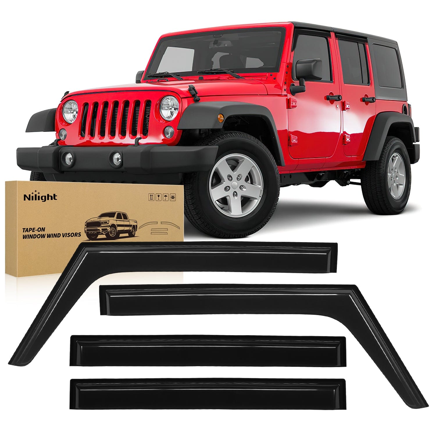 Window Rain Guards for Jeep Wrangler JK 2007 2008 2009 2010 2011 2012 2013 2014 2015 2016 2017 2018, Window Wind Deflectors Vent Visors, Tape on-4PCS