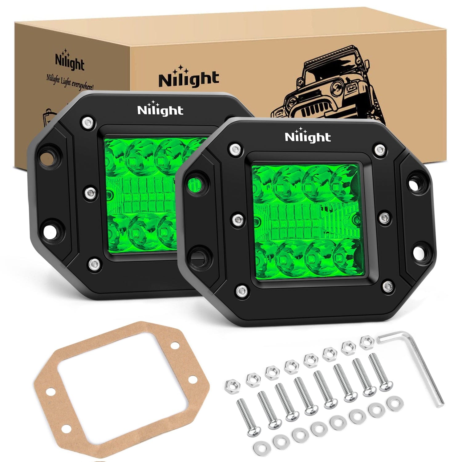 Flush Mount LED Light Pods 2 PCS 42 W Green Upgraded Spot Flood Combo Bumper Driving Fog Lights Fishing Hunting Emergency Safety Signal Light for UTV Pickup Van Boat Tractor