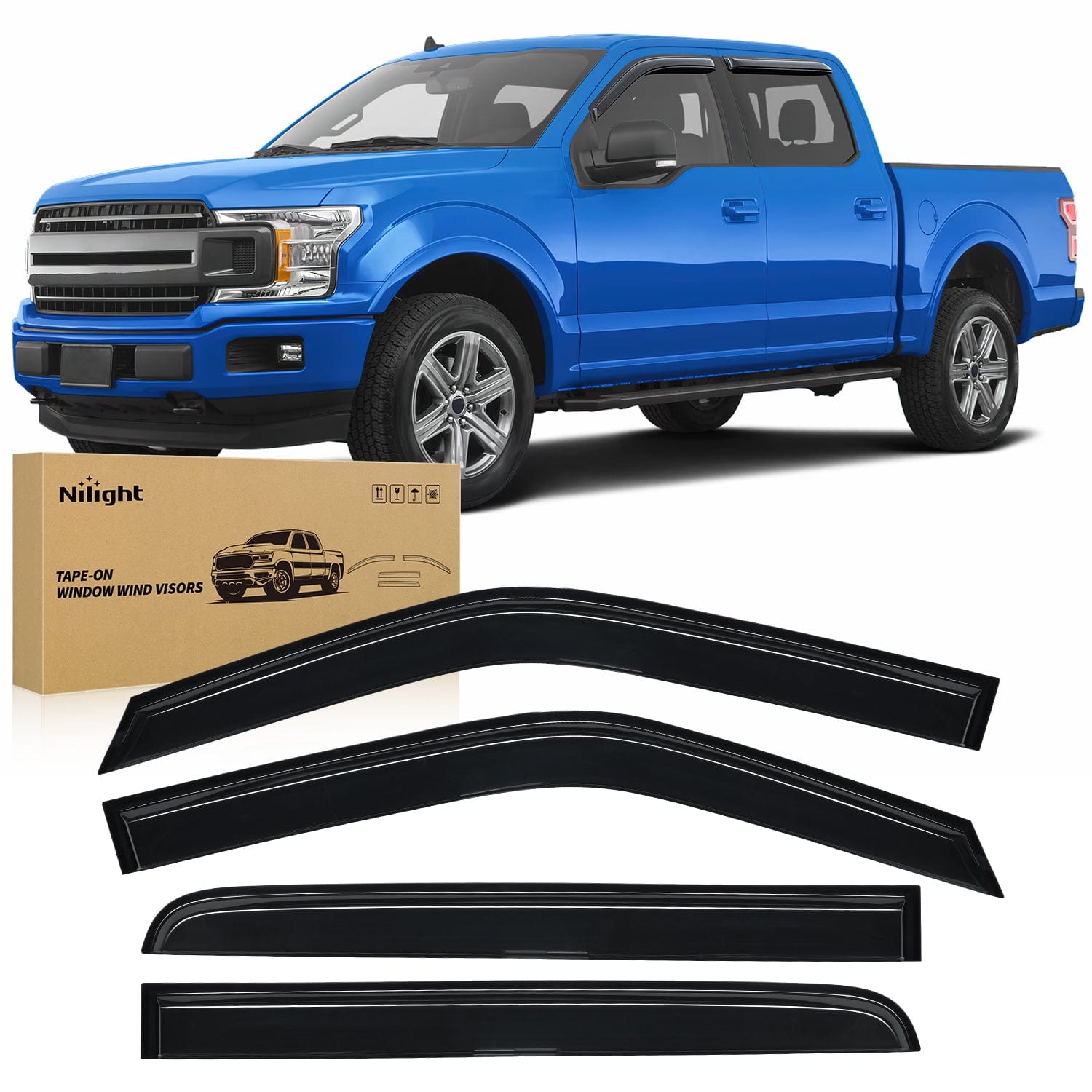 Tape-On Rain Guards for Ford F150 Crew Cab 2015 2016 2017 2018 2019 2020 2021 2022 2023 2024, Window Visors Vent Wind Deflectors-4PCS