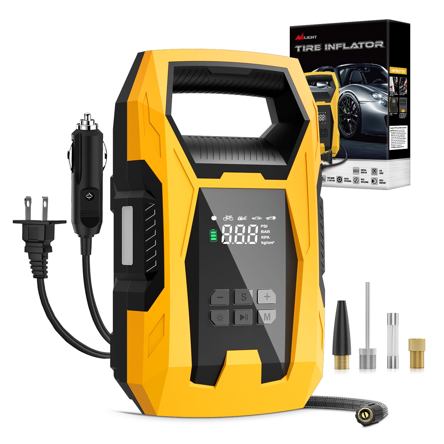 AC/DC Tire Inflator Portable Air Compressor Dual Power Supply 110V AC 12V DC 150PSI Fast Inflation Heavy Duty with LED Light Pressure Gauge Auto Shutoff Pump for Car Motorcycle Bicycle Ball