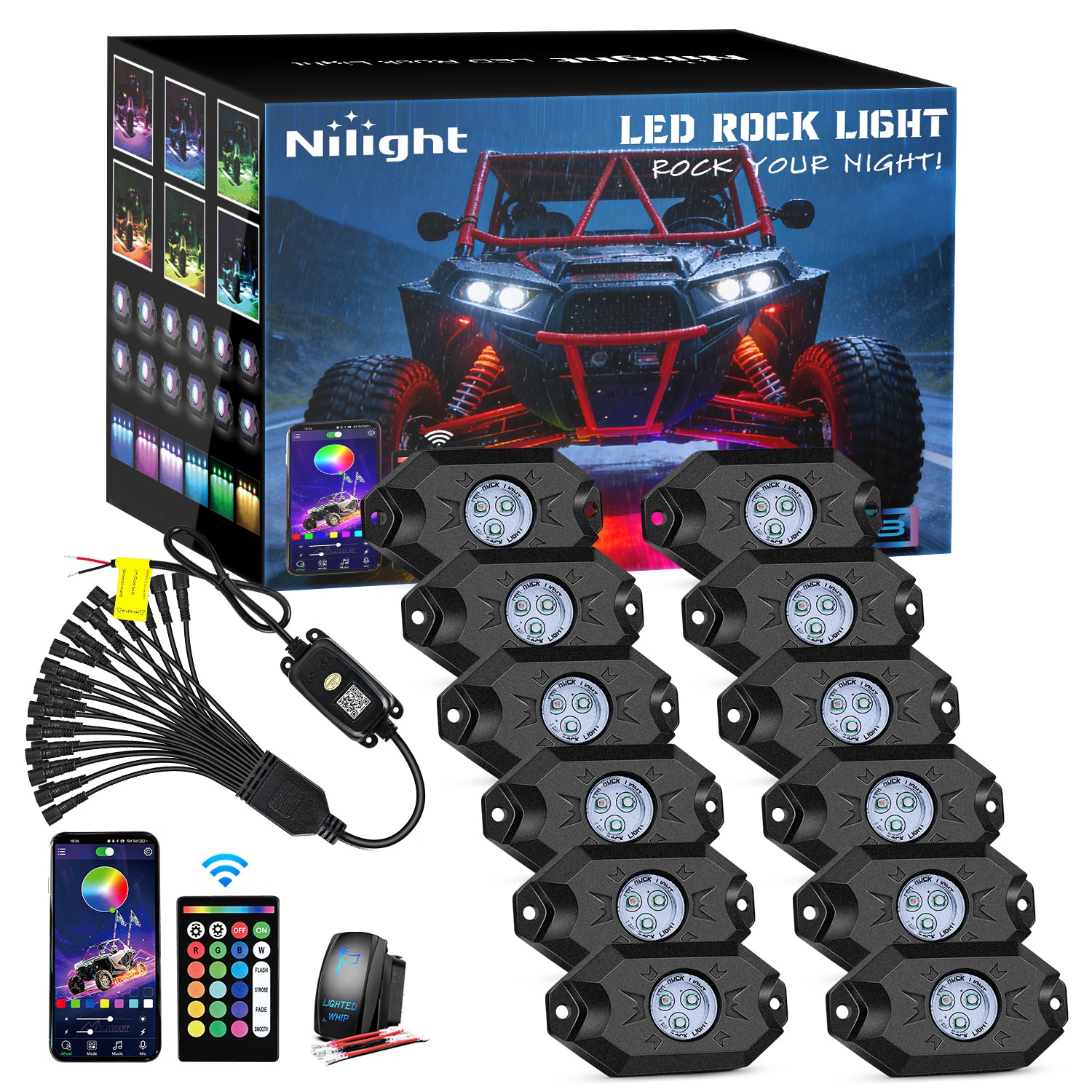 RGB LED Rock Lights Kit 12 Pods Underglow Multicolor Neon Pod with Remote & Bluetooth App Control DIY Flashing Music Mode Wheel Well Light for Truck ATV UTV RZR SUV