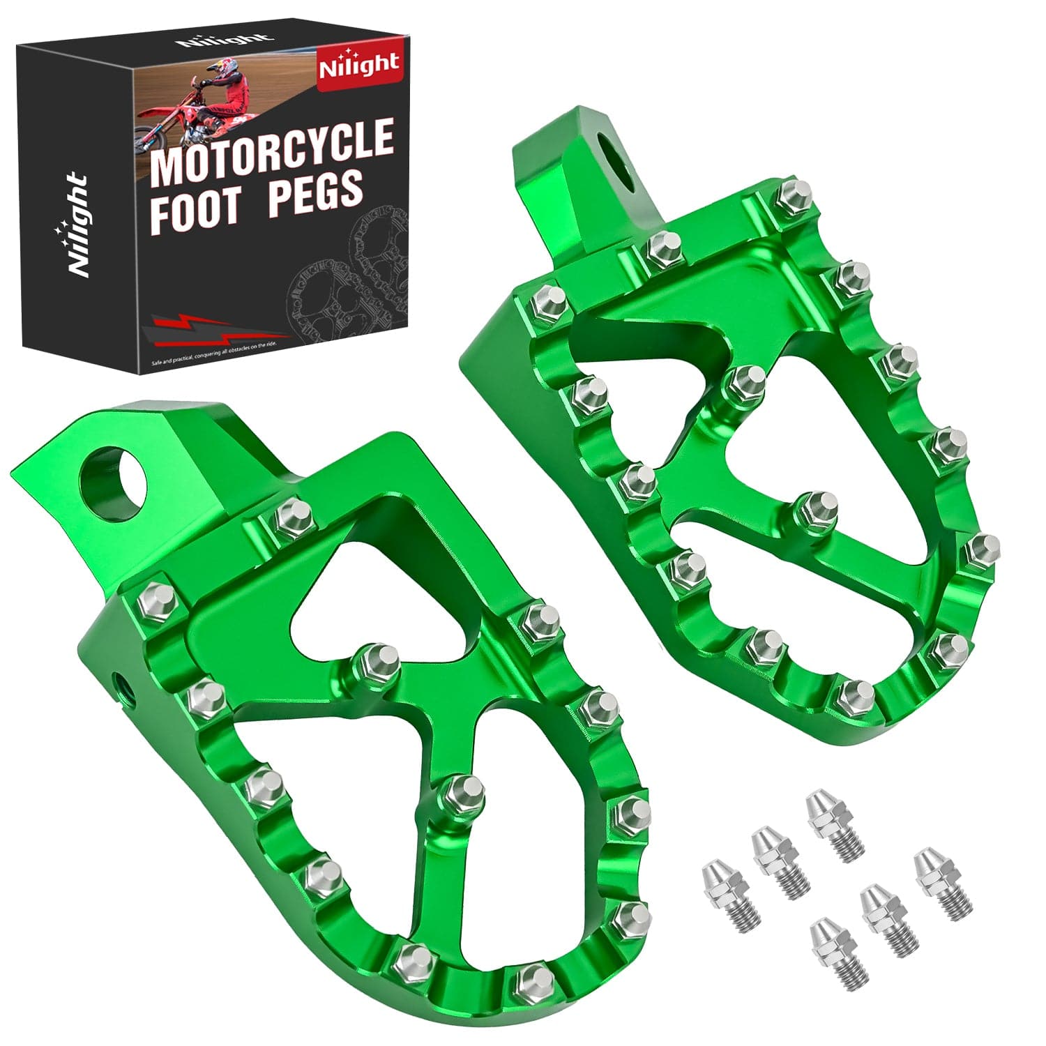 Motorcycle Foot Pegs Dirt Bike Footpegs Fit for Kawasaki KDX200 1995-2005 KDX200R 1997-2001 KDX220R 2002-2005 KDX250 1991-1994 KX125 KX250 KX500 Heavy Duty CNC Foot Rests Pegs Pedal, Green