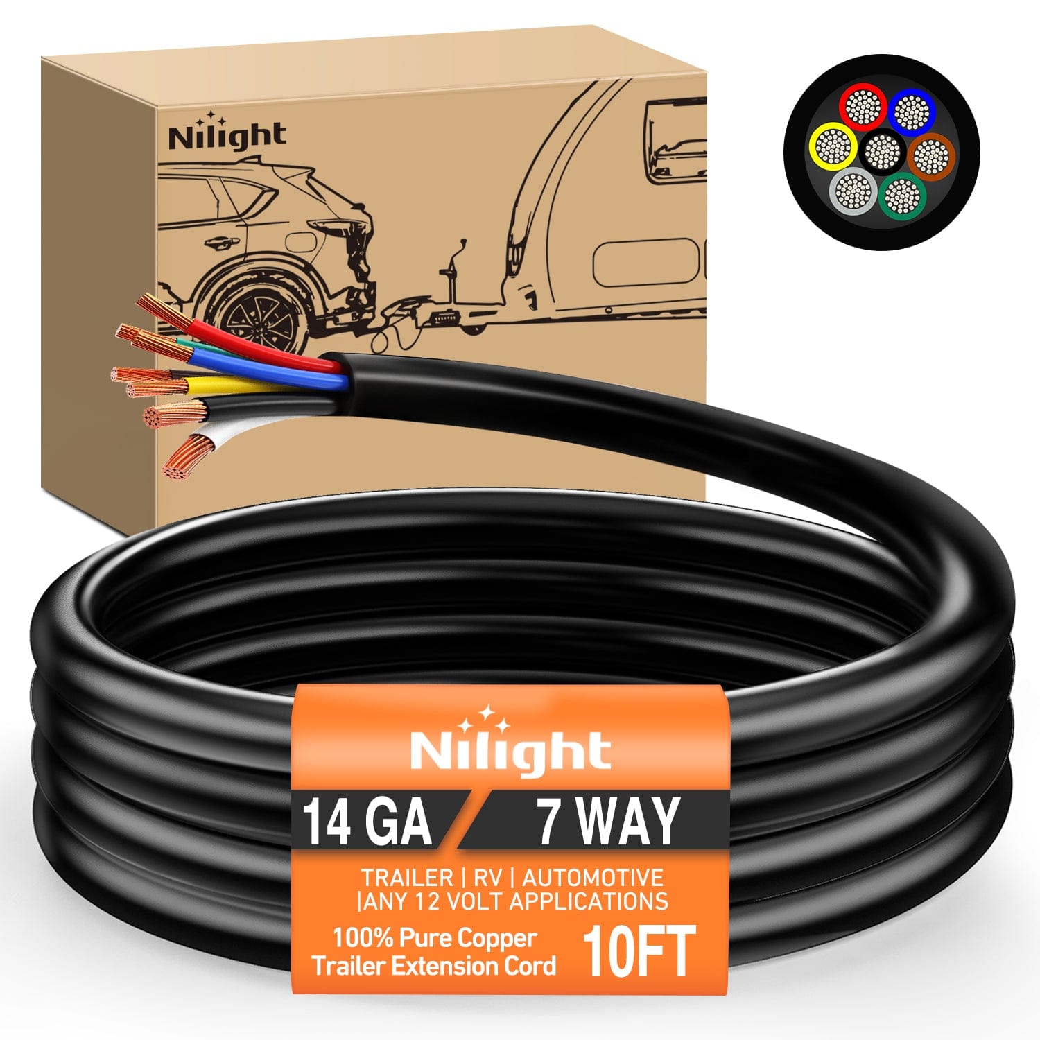 10 Feet 7 Way Trailer Extension Cable RV Standard Wire 14 Gauge 7 Conductor 100% Pure Copper Insulated Heavy Duty Cord Weatherproof for 7 Pin Blade Truck Camper RV Automotive