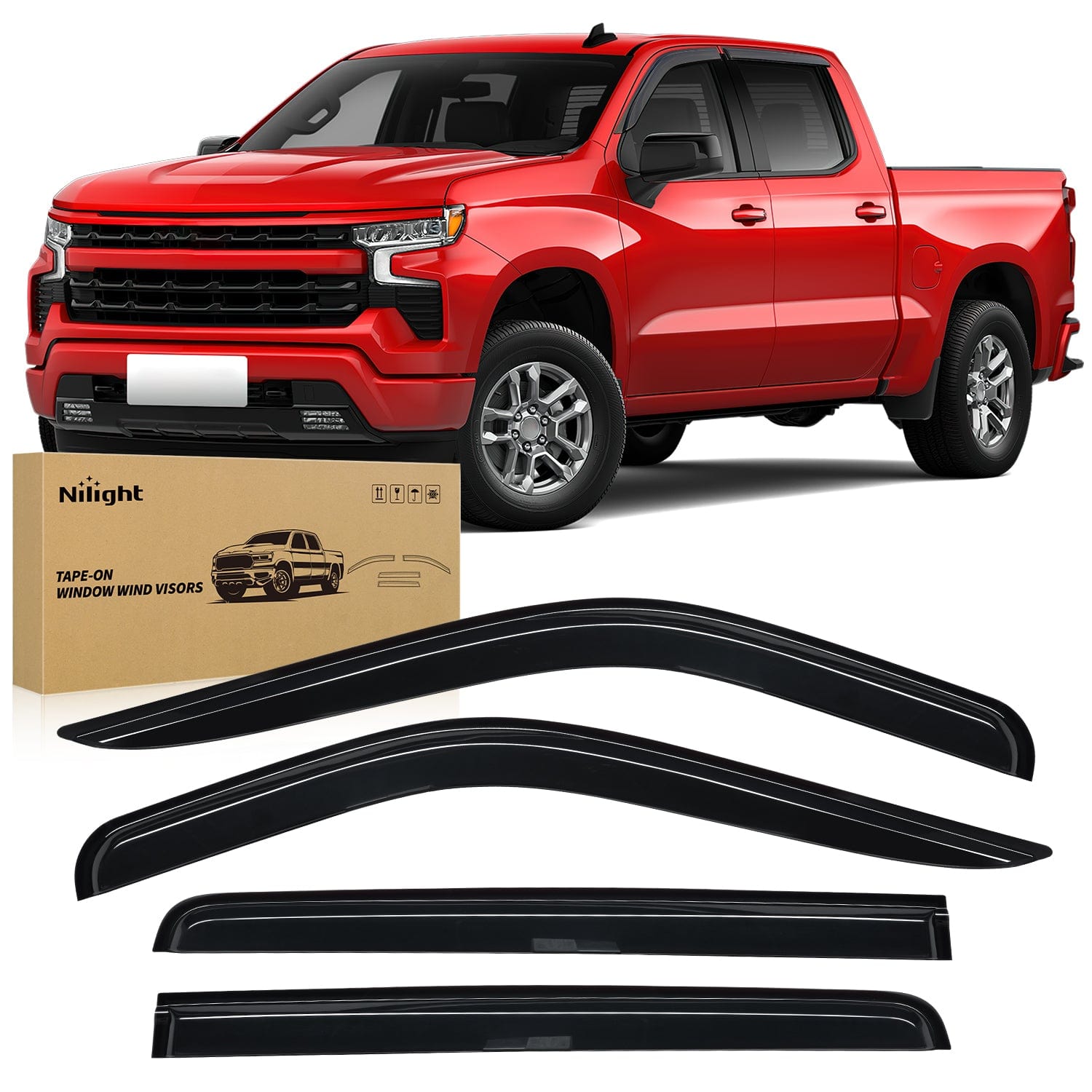 Tape-On Rain Guards for Chevy Silverado/GMC Sierra 1500 Crew Cab 2019-2024, Window Visors Vent Wind Deflectors-4PCS