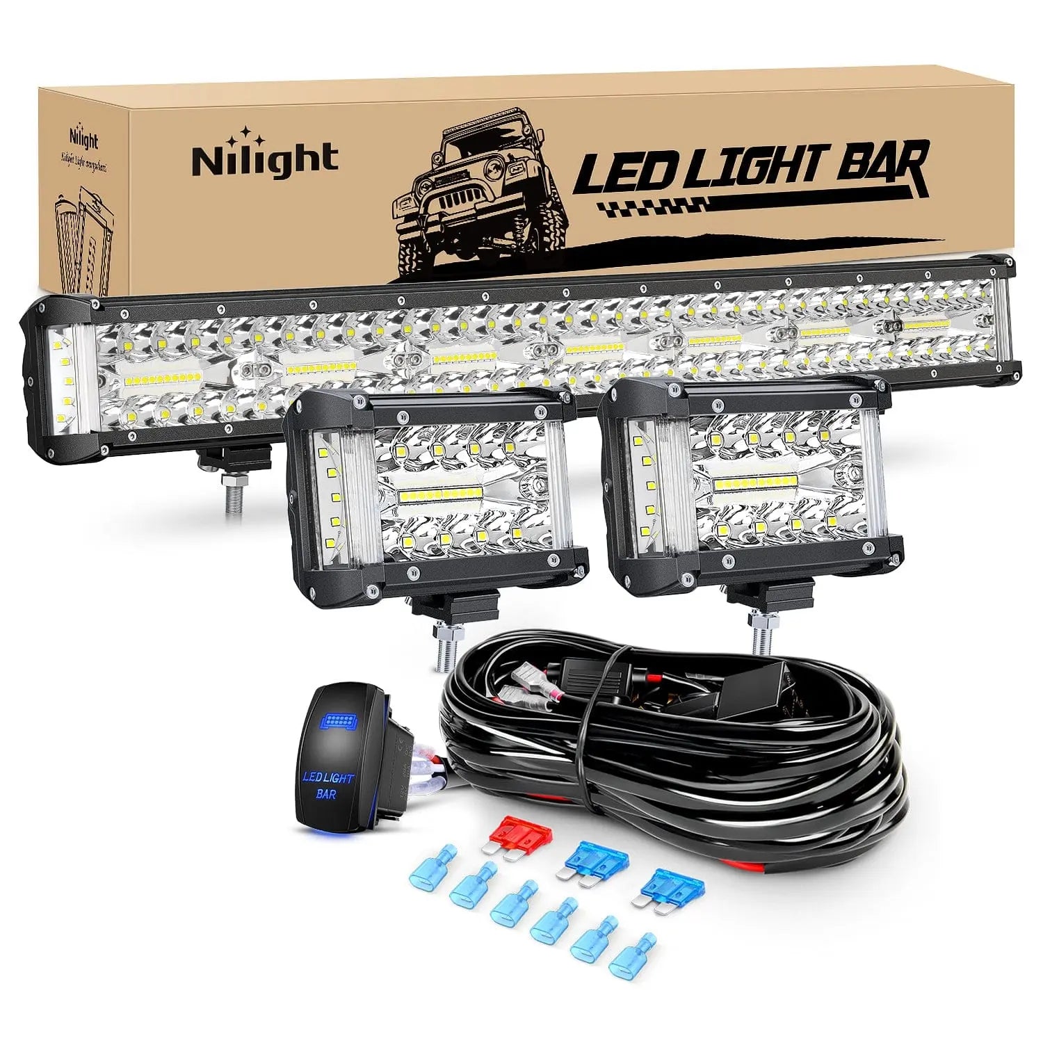 20Inch 420W 2Pcs 60W Side Shooter Triple Row Spot Flood Combo Led Light Bar 5Pin Rocker Switch 16AWG Wire Harness Kit