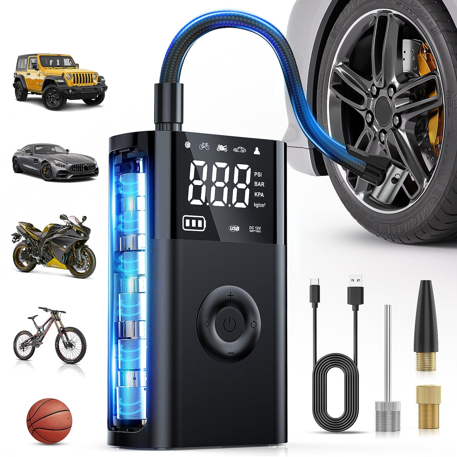 Tire Inflator Portable Air Compressor Battery Rechargeable 12VDC 150PSI Cordless Auto Shutoff w/Digital Pressure Gauge 2X Faster Inflation Air Pump