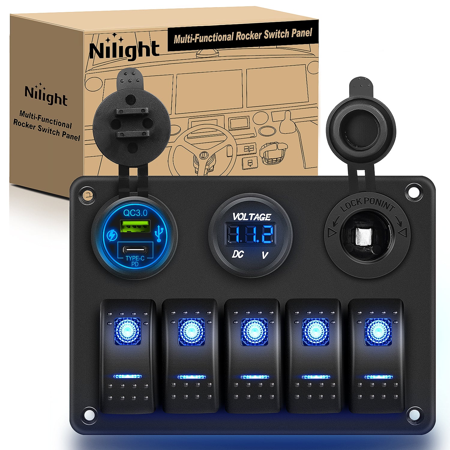 5 Gang Rocker Switch Panel Pre-Wired Aluminum with PD Type C and USB Cigarette Lighter Socket Voltmeter 12V 24V ON Off Toggle Switches for Car Trucks Boats RVs