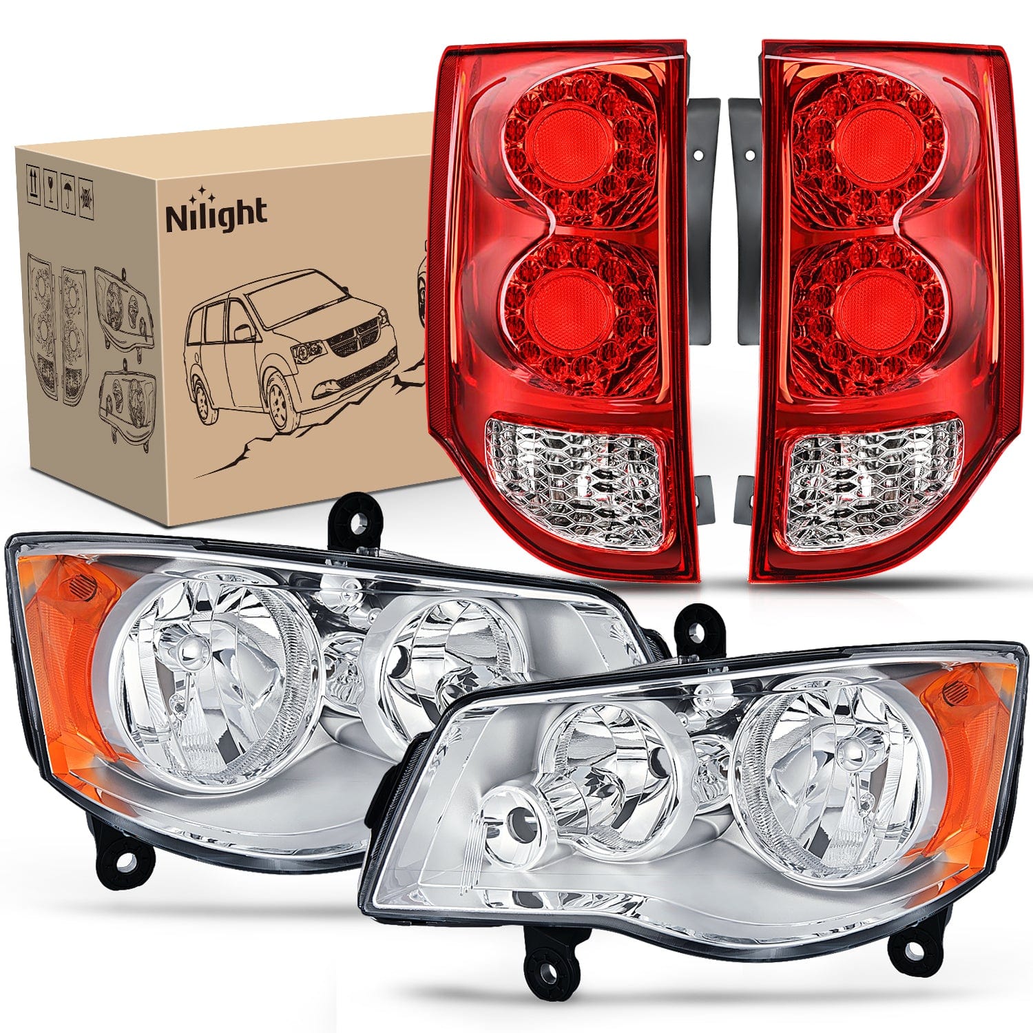Headlight and Taillight Assembly Combo Compatible with 2011 2012 2013 2014 2015 2016 2017 2018 2019 2020 Dodge Grand Caravan OE Style Chrome Housing Amber Reflector with Red Housing Tail Light