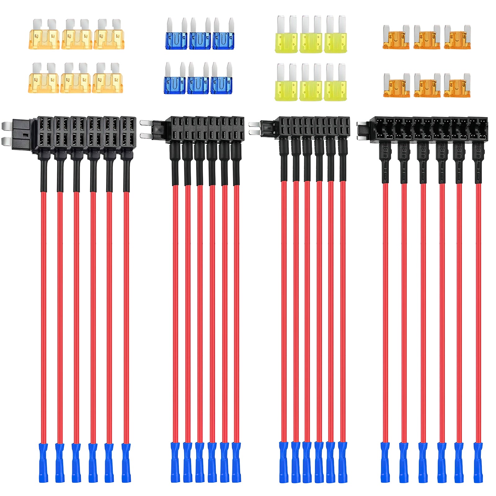 24 Pcs 12V Car Add-a-Circuit Fuse Tap Holder Standard Mini Micro2 and Low Profile Fuses Taps 4 Types ATO ATC ATM APM for Cars Trucks Boats