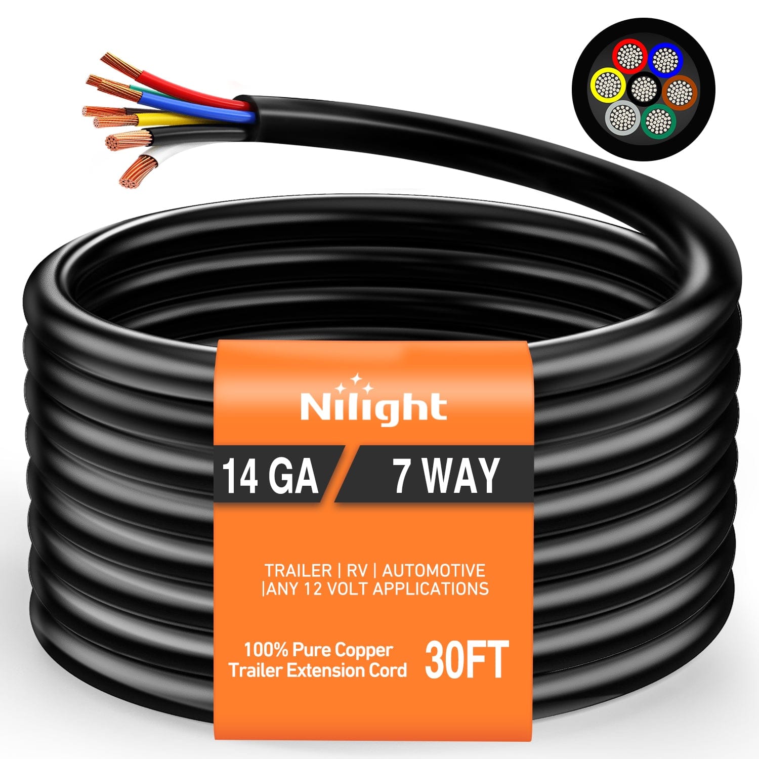 30 Feet 7 Way Trailer Extension Cable RV Standard Wire 14 Gauge 7 Conductor 100% Pure Copper Insulated Heavy Duty Cord Weatherproof for 7 Pin Blade Truck Camper RV Automotive