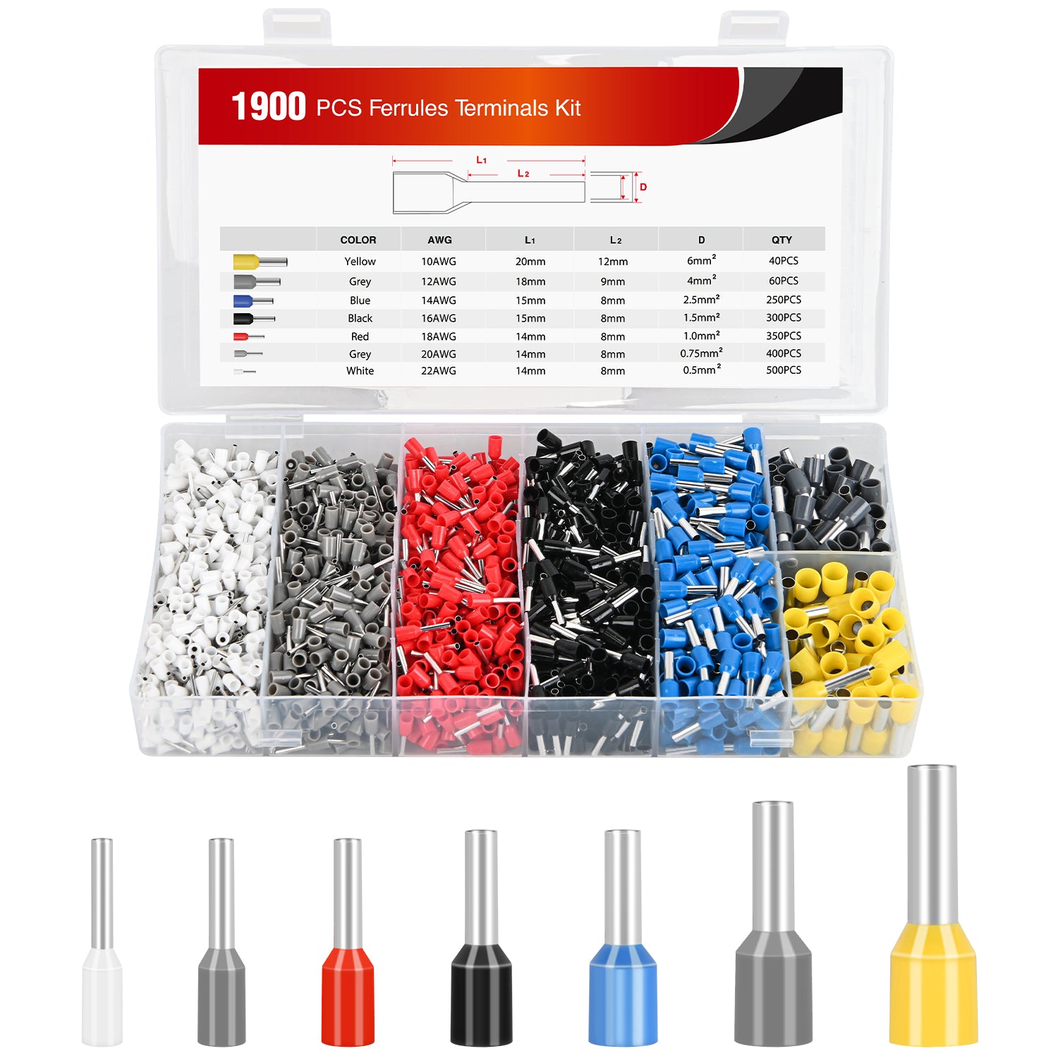 1900PCS Wire Ferrule Terminals Kit AWG 22 20 18 16 14 12 10 Gauge Crimp Connectors Nylon Insulated Pin Cord End Insert Type for Single Double Electric