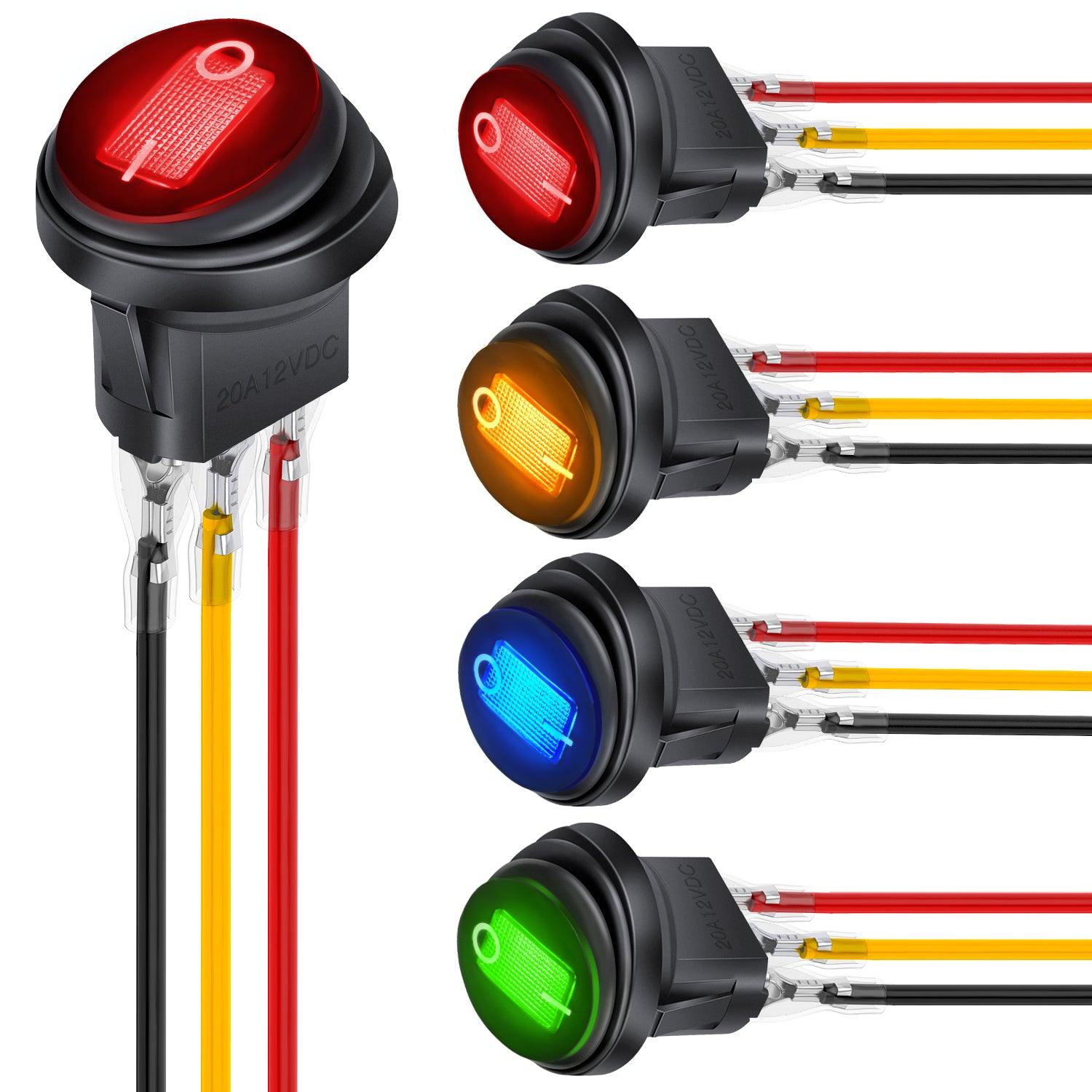 5Pcs Waterproof Round Rocker Toggle Green Red Blue Yellow LED Switch 12V 20A 3 Pin ON Off SPST for Car Truck Boat Marine Automotive RV with Locked Terminal Wires