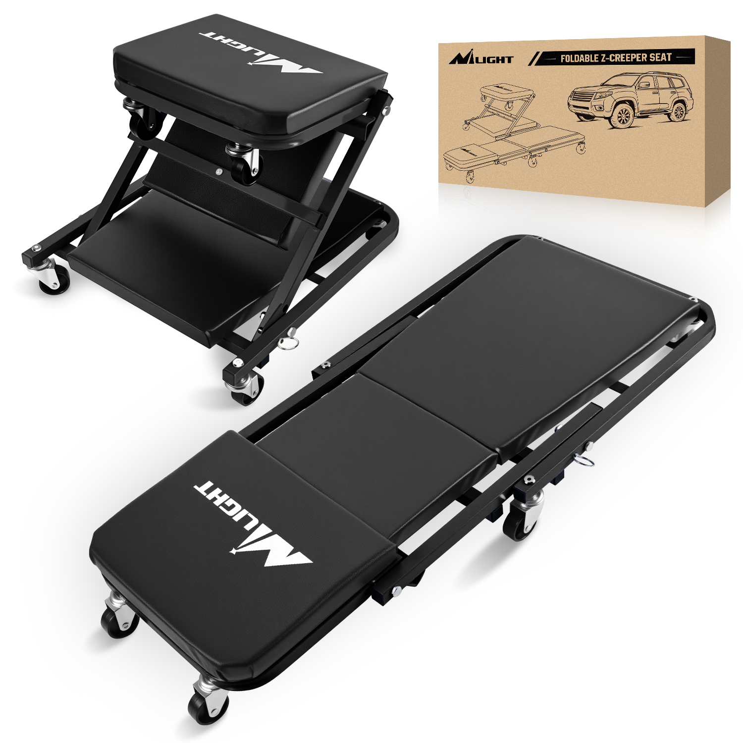 36inch Z Creeper - 2-in-1 Folding Rolling Mechanic Seat 36 inches Adjustable Lay-Down or Sit Garage Chair, 330 lbs Capacity, Grey Black