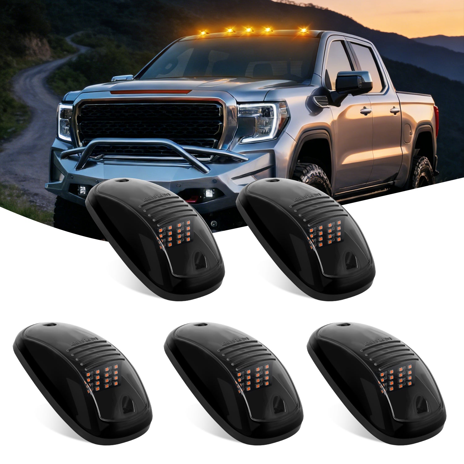 Cab Roof Marker Light 5 PCS 16 LED Smoked Lens Amber Top Clearance Lights Kit Waterproof Surface Mount for Ford Dodge Ram SUV POV Pickup Trucks