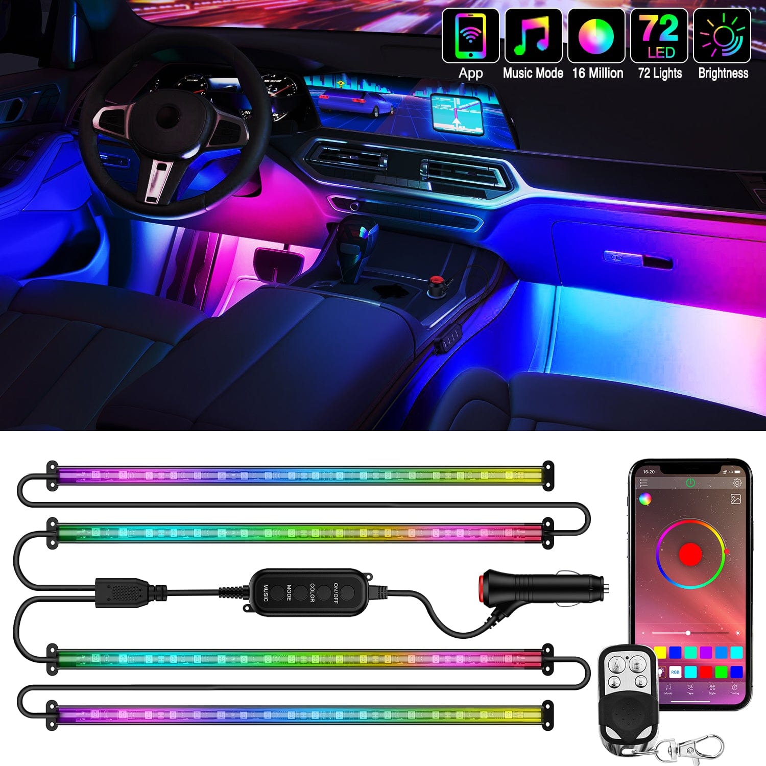 72 LED Interior Car Strip Lights RGB-IC Dream Color 12V DC with App RF Remote Control Multicolor Under Car Dash Lighting 2 Lines Design Music Sync Mode for Cars Truck ATV UTV
