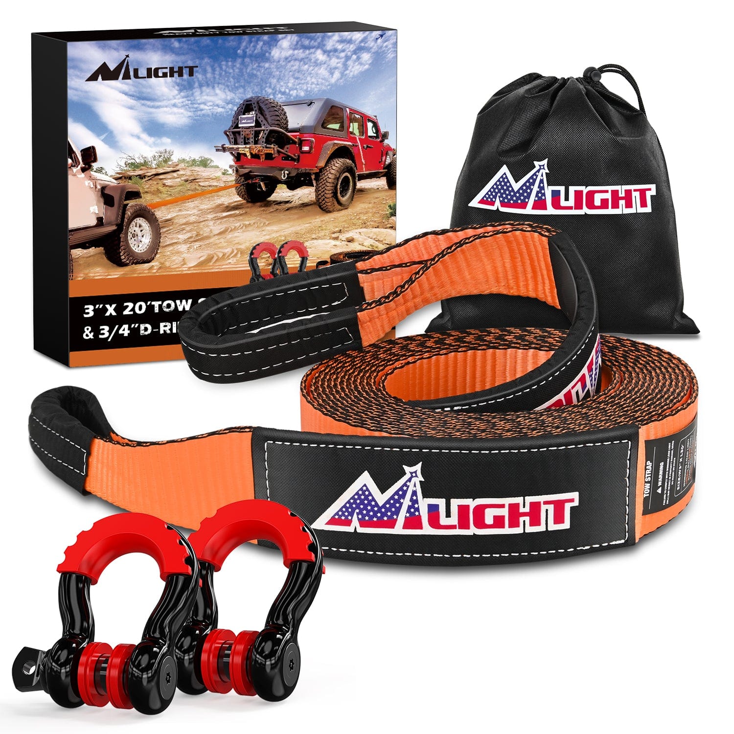 3 x 20Inch Recovery Tow Strap with Anti-Theft D-Ring Shackles